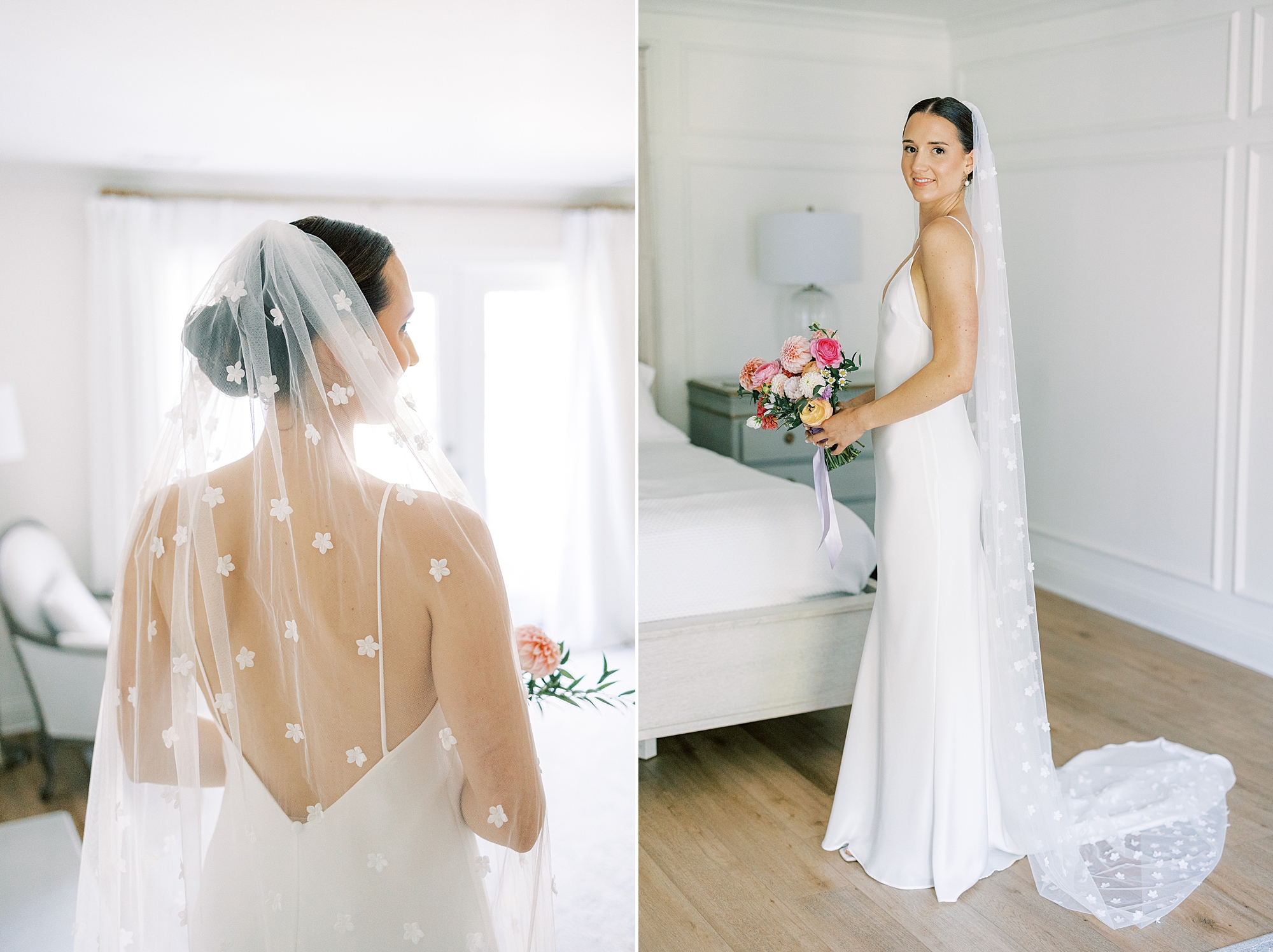 bride looks over shoulder wearing veil with flower accents 