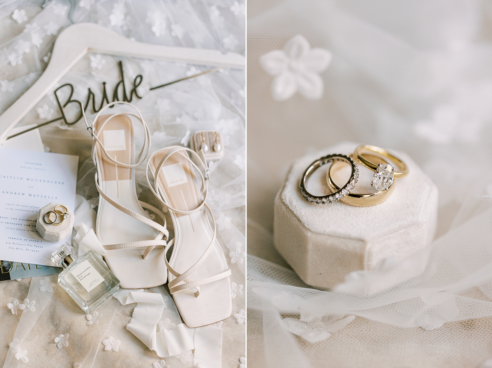 bride's ivory shoes and gold rings on ivory ring box