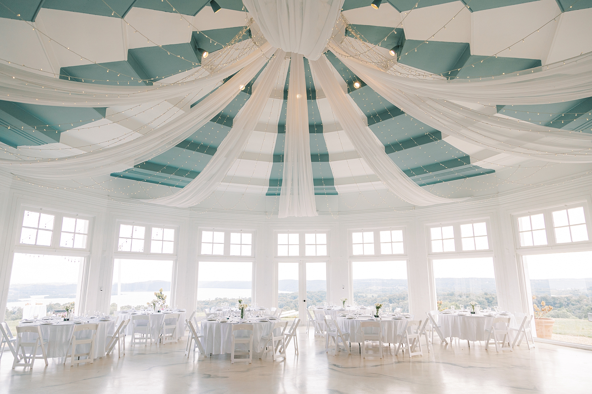 summer wedding reception at Lauxmont Farms with all-white decor