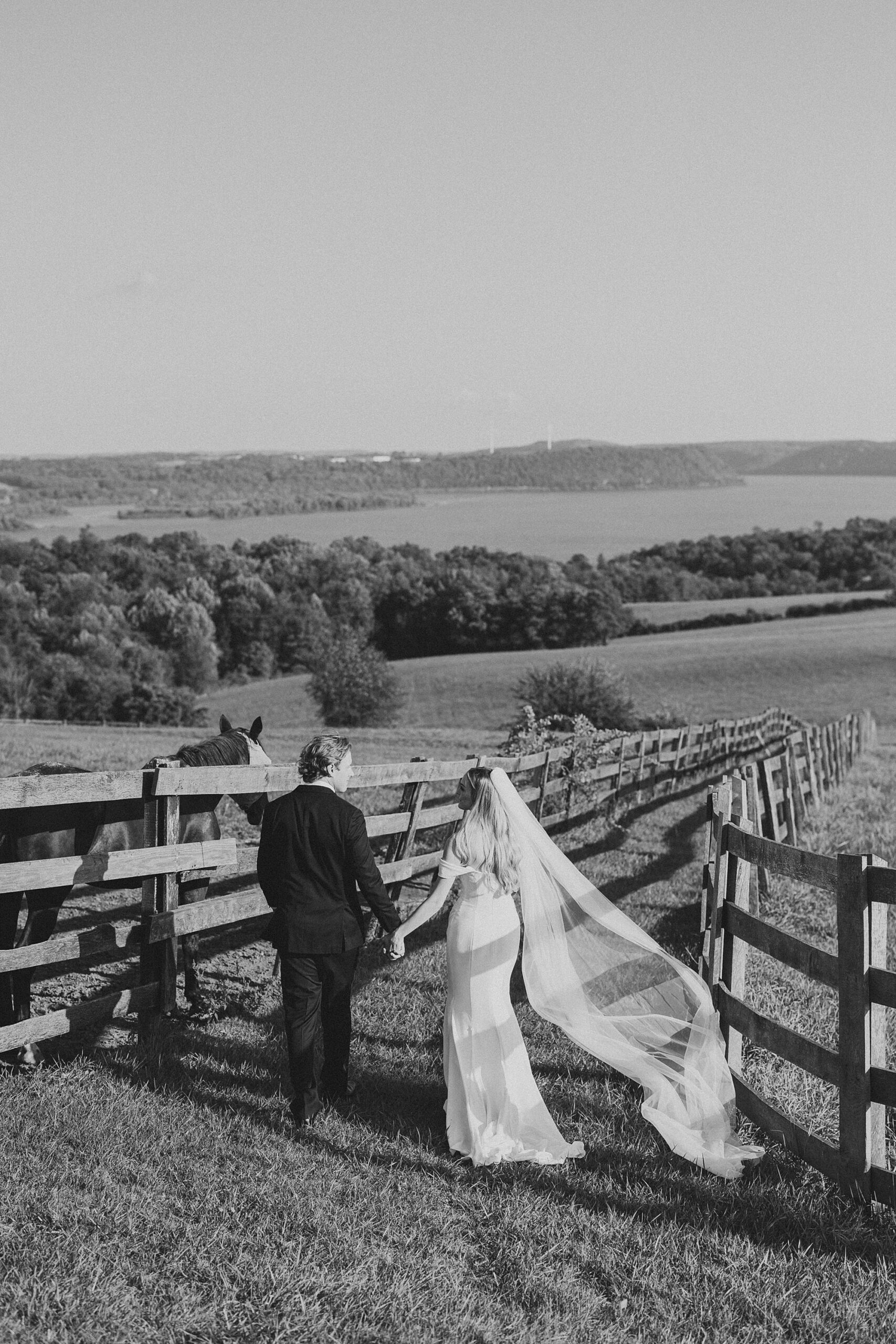 bride and groom walk between fences at Lauxmont Farms