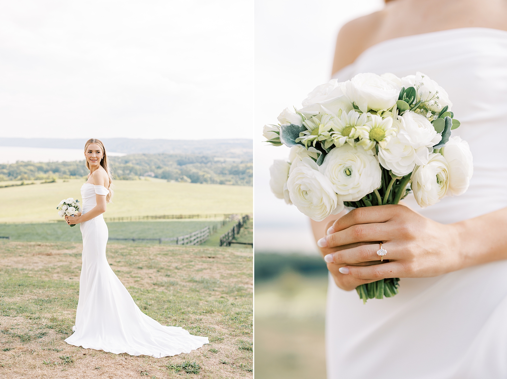 bride holds bouquet of white flowers for summer wedding