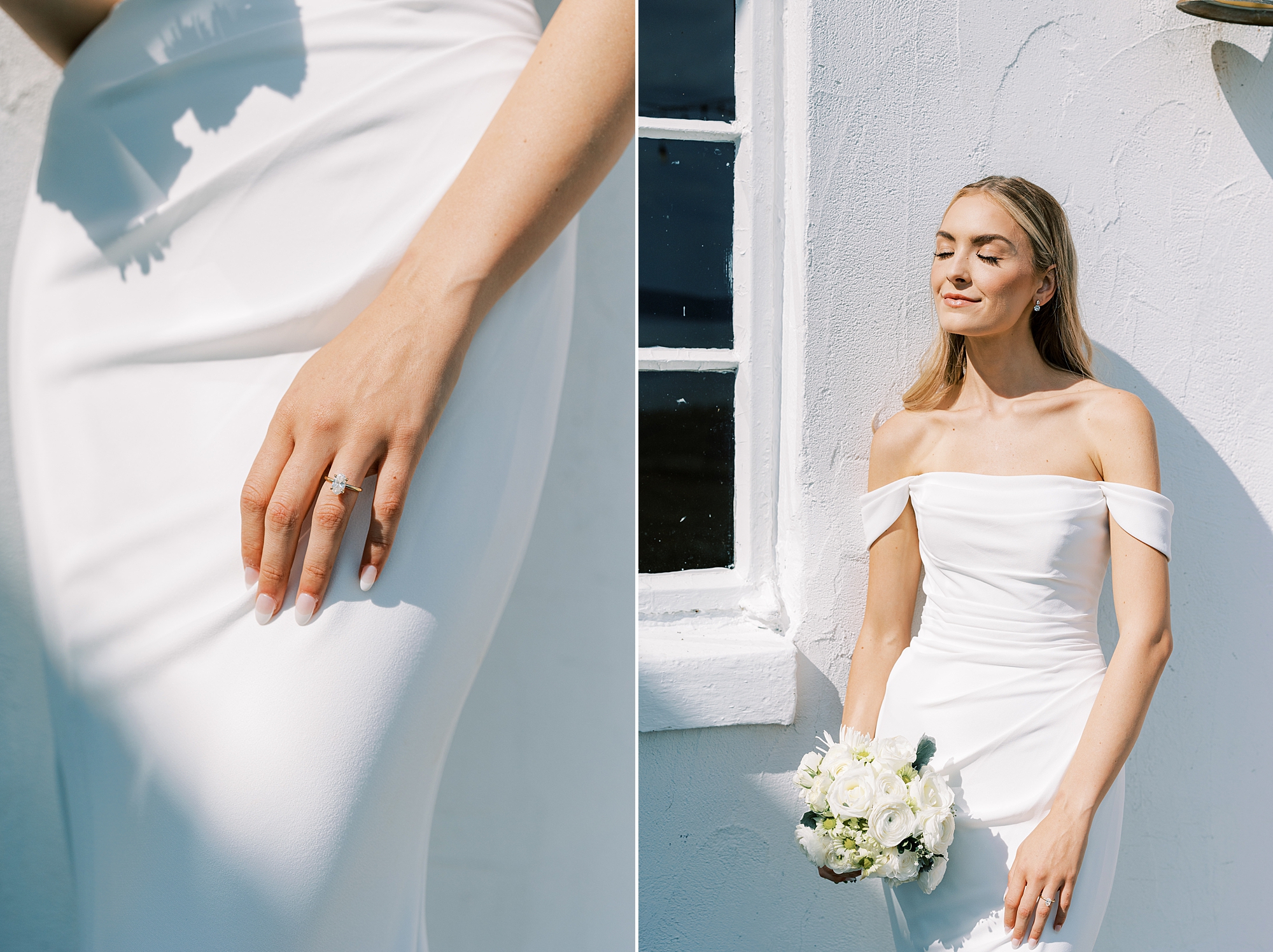 bride in strapless gown holds bouquet of white flowers leaning against wall of Lauxmont Farms