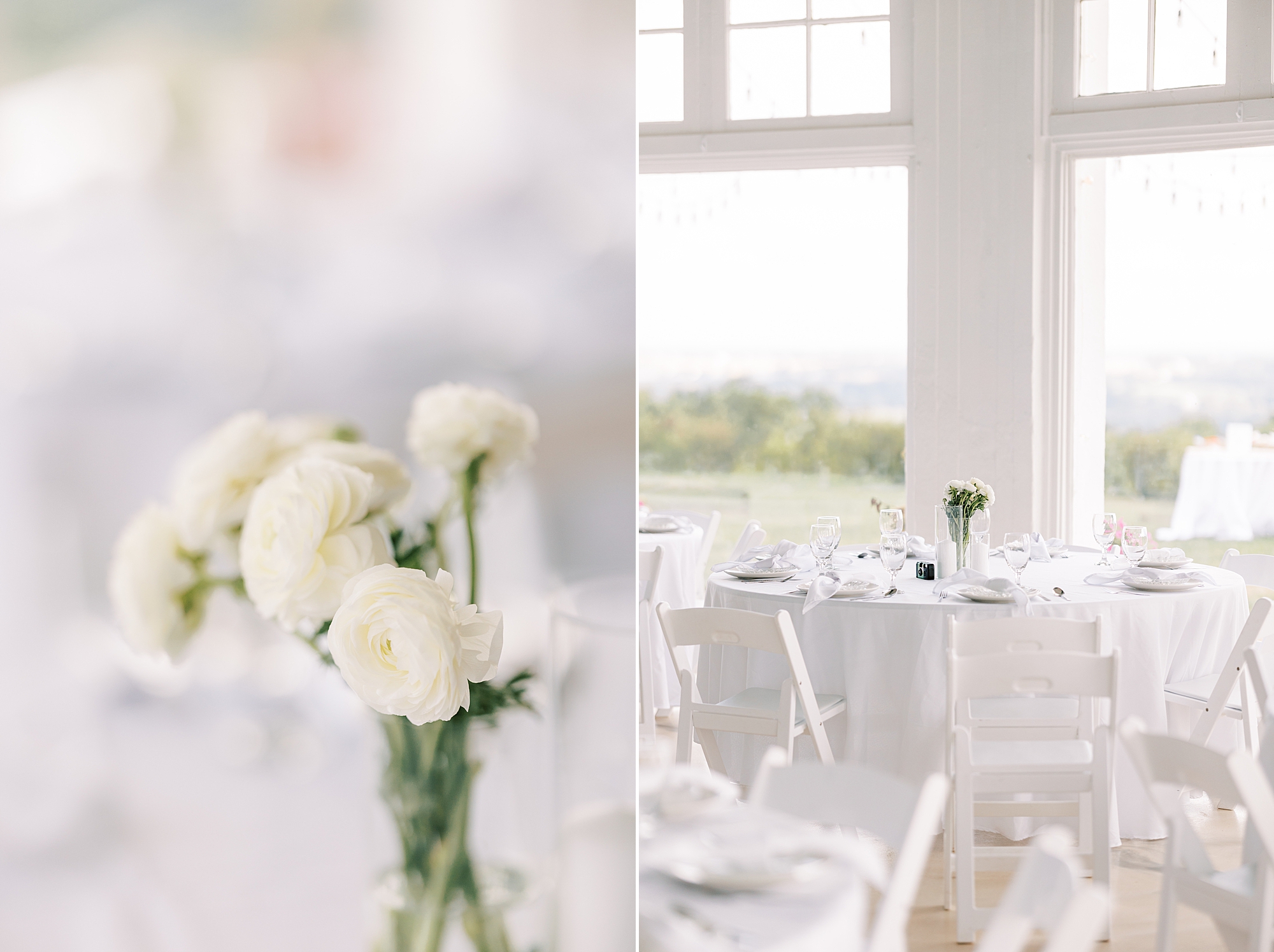 classic wedding reception at Lauxmont Farms with white floral centerpieces 