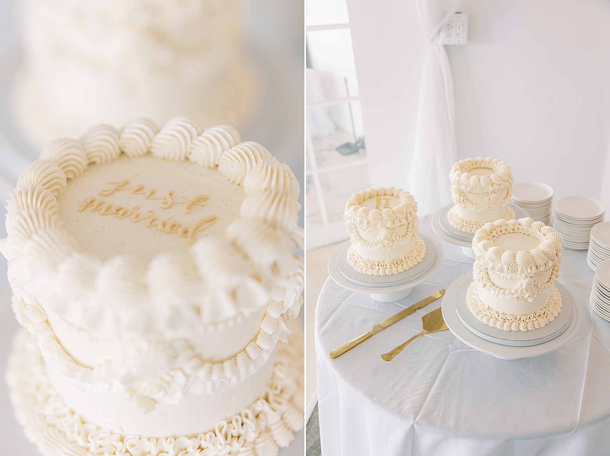 wedding cakes with white and gold icing at Lauxmont Farms