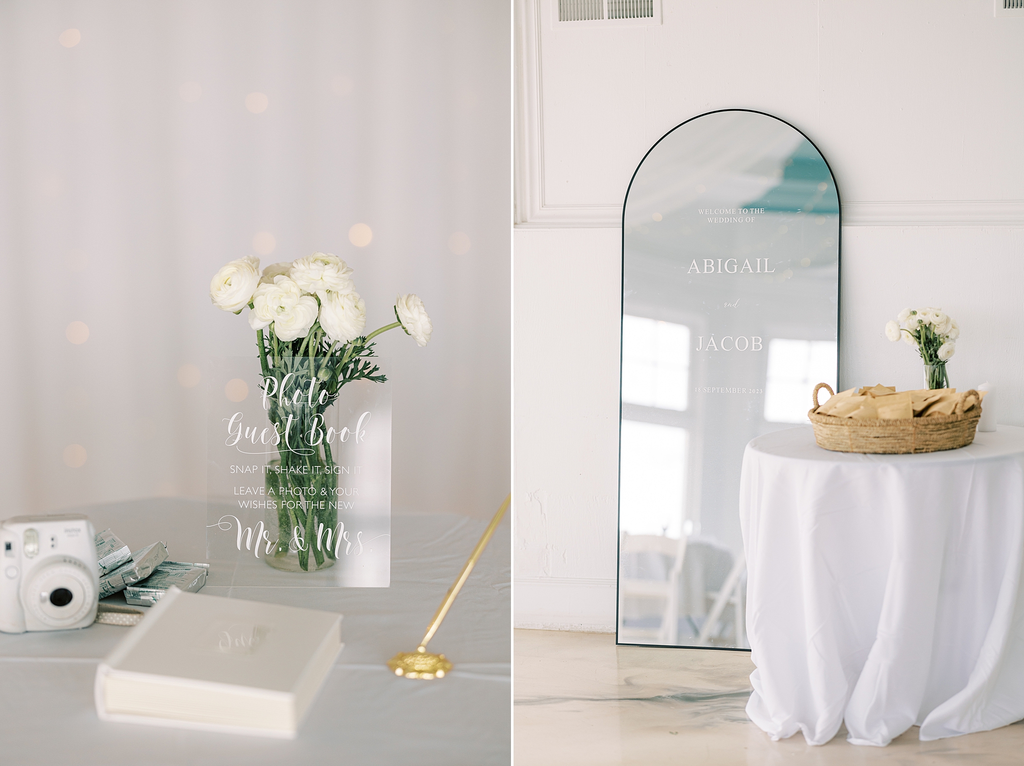 wedding reception at Lauxmont Farms with mirror seating chart and white flowers 