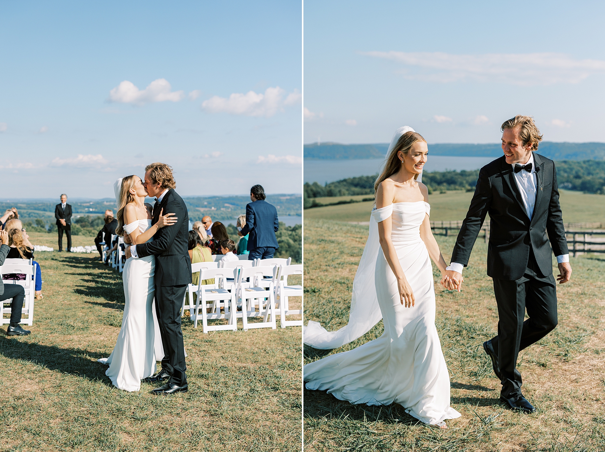 bride and groom hold hands walking up aisle after Lauxmont Farms wedding ceremony 