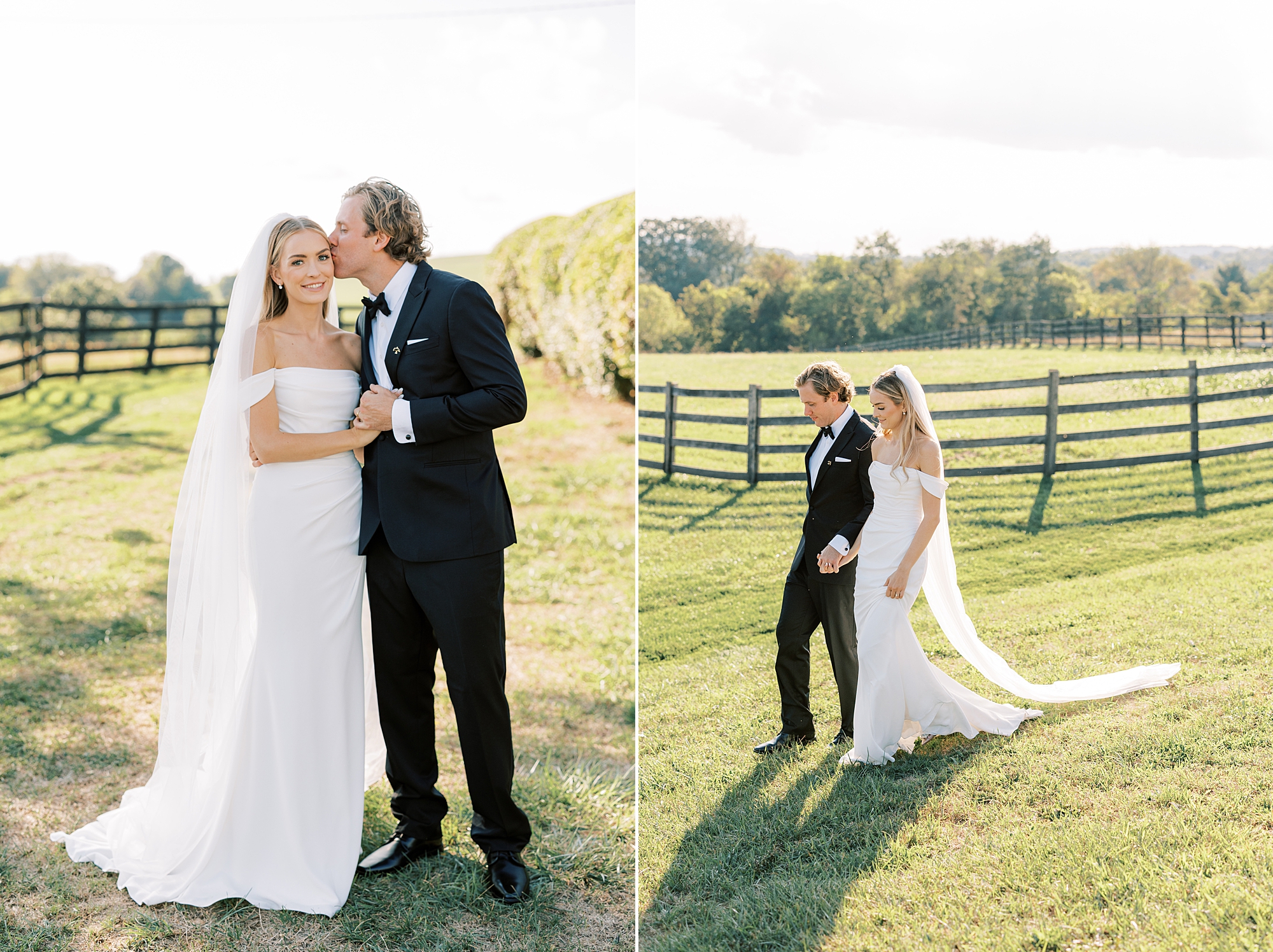 bride and groom walk down land with wooden fence 