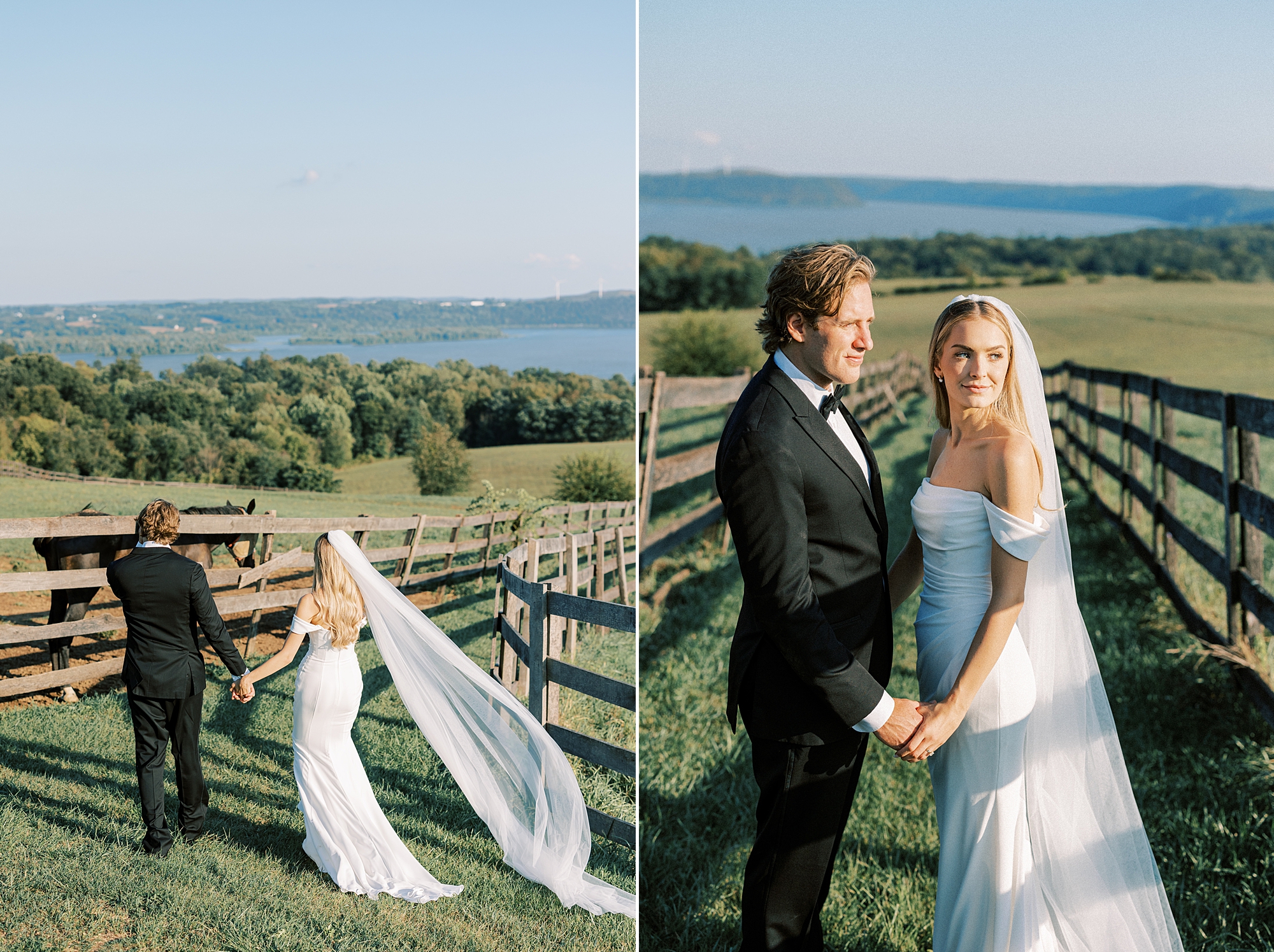 newlyweds walk between fence lines at Lauxmont Farms