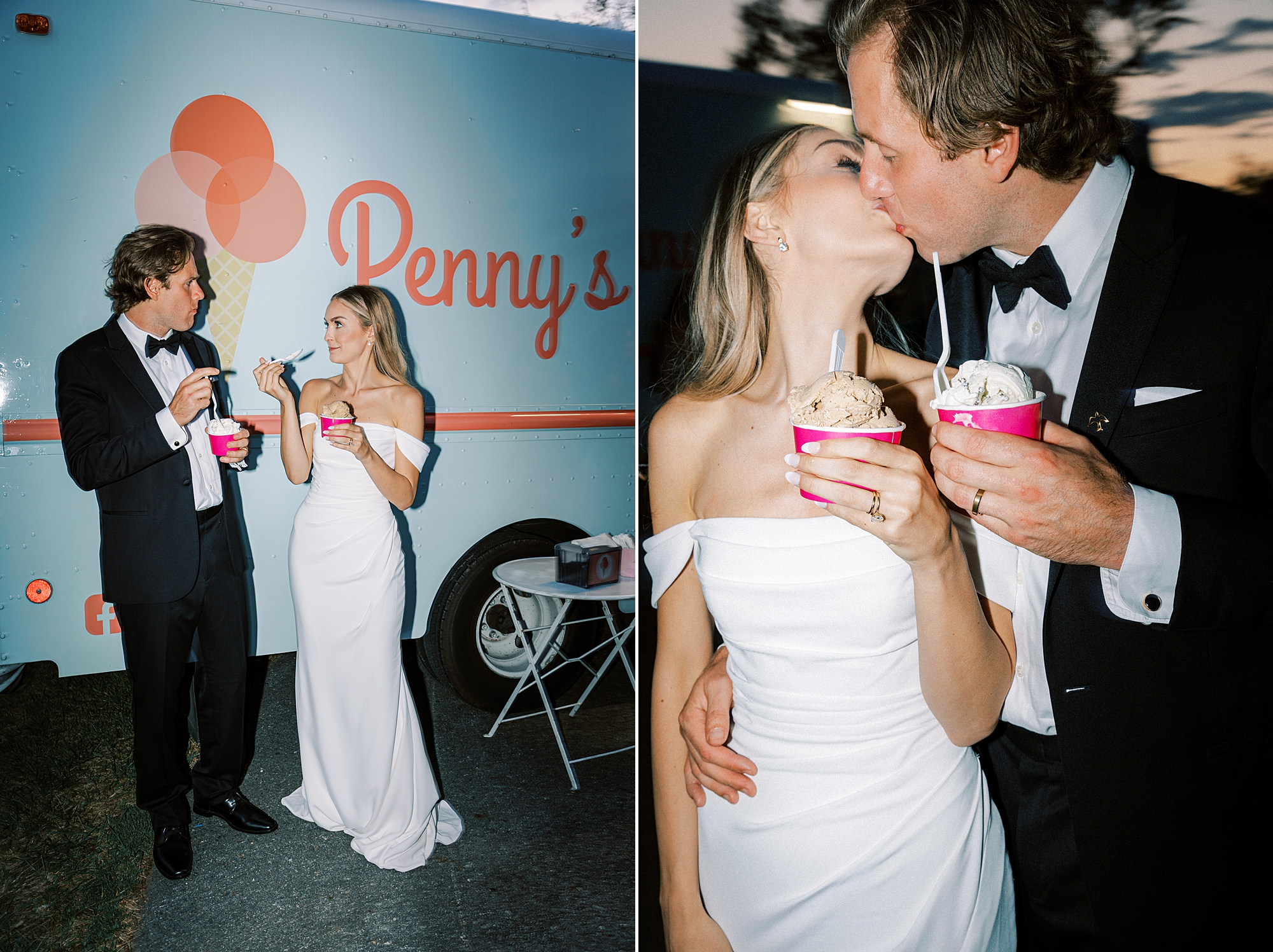 newlyweds kiss eating Penny's ice cream from food truck