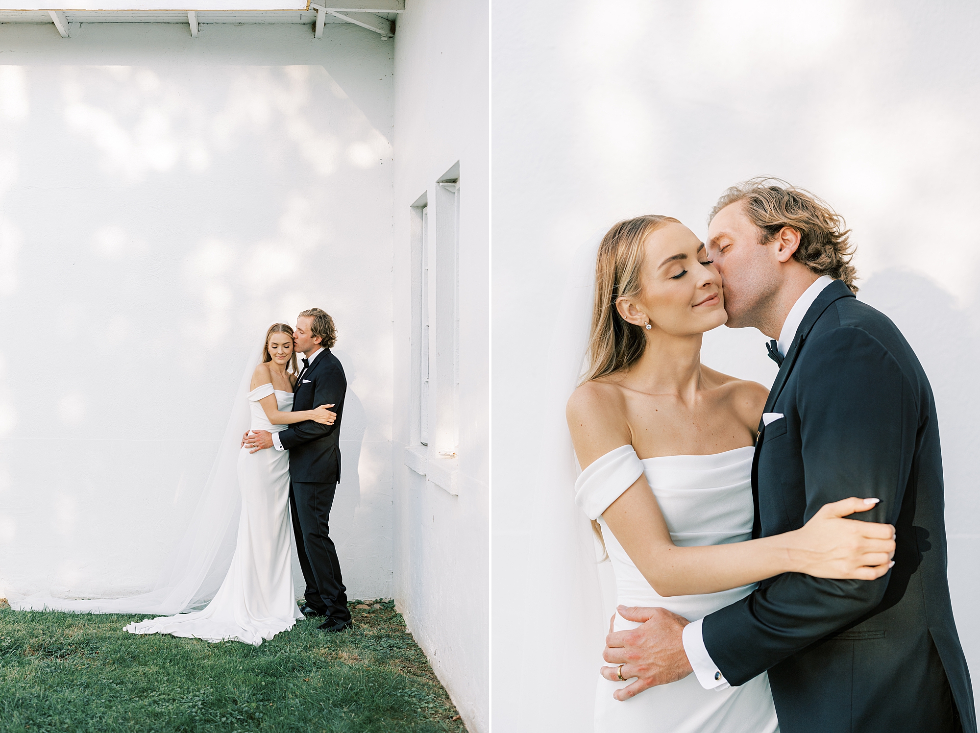 groom leans to kiss bride's cheek outside The Rotunda at Lauxmont Farms