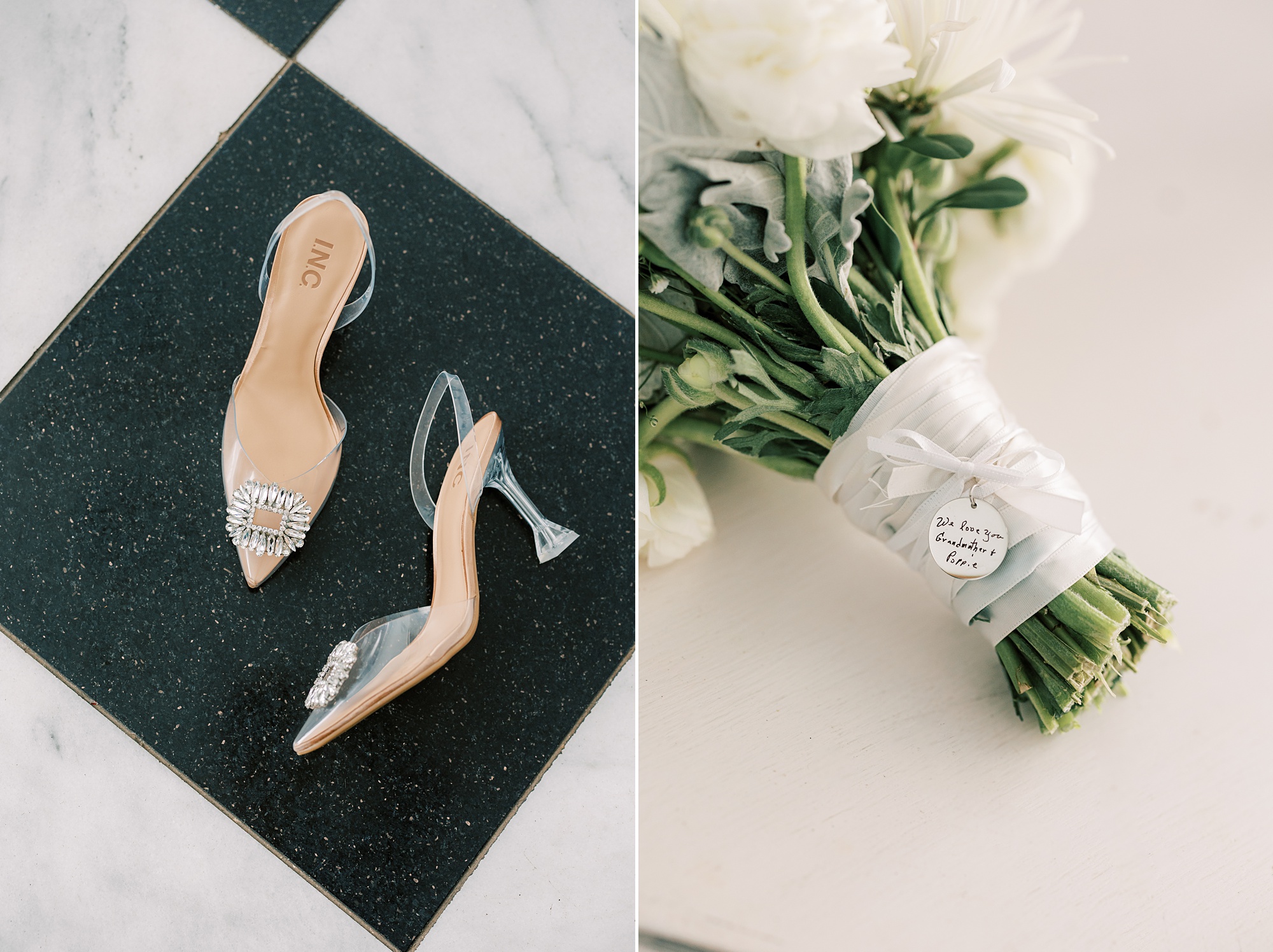 bride's shoes rest on black and white floor with bride's bouquet 