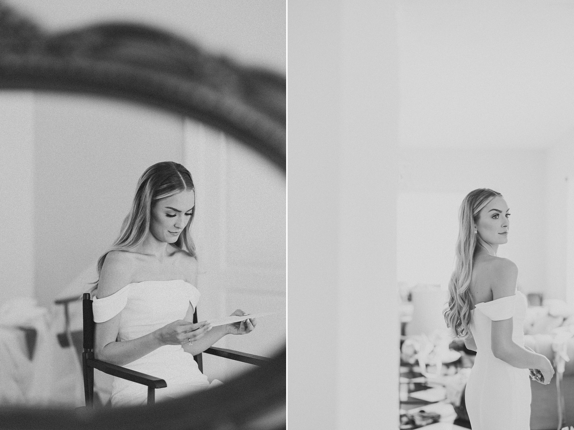 bride reads letter during prep at Lauxmont Farms