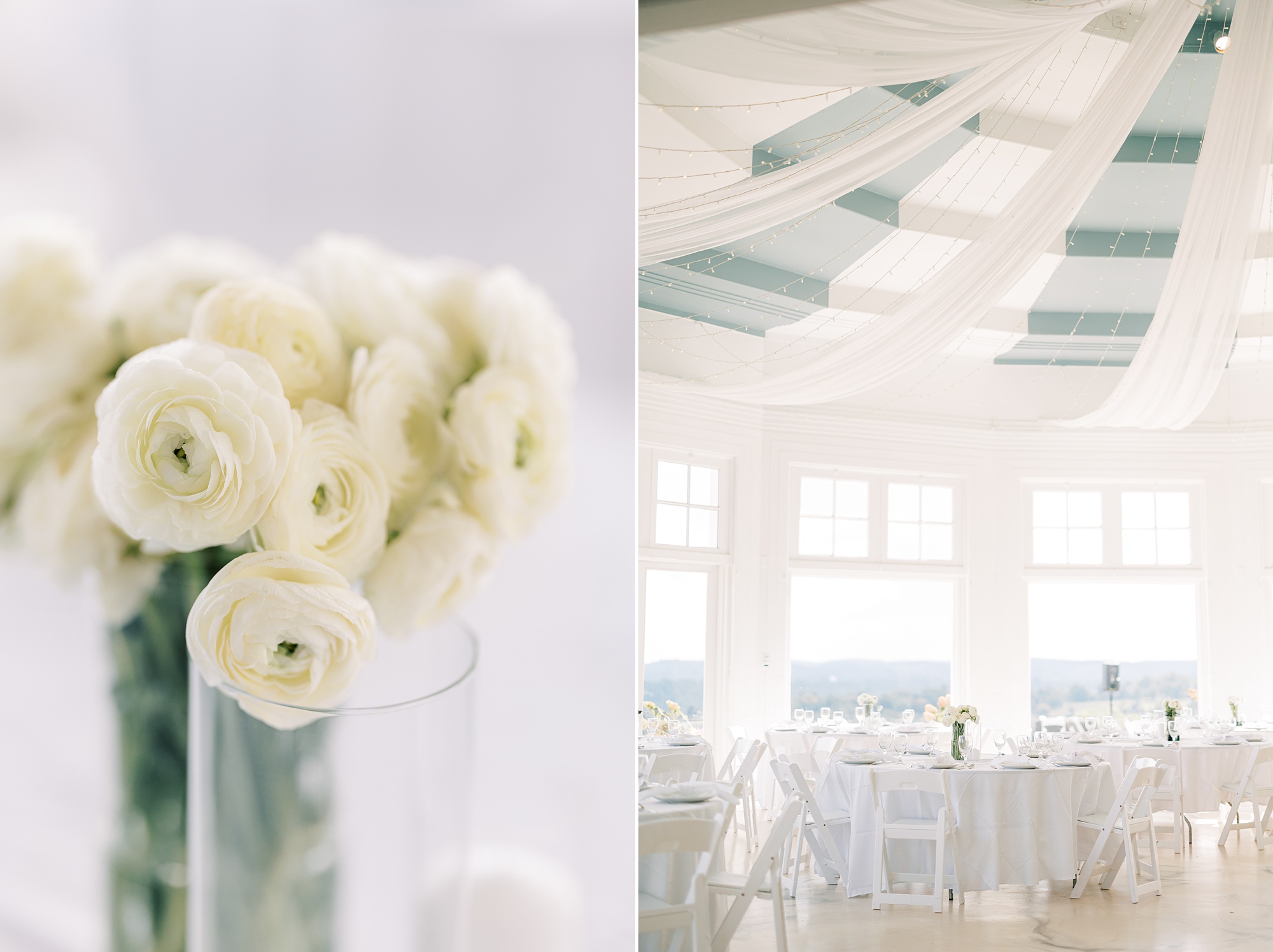 ivory flowers rest in glass vase inside the Rotunda at Lauxmont Farms