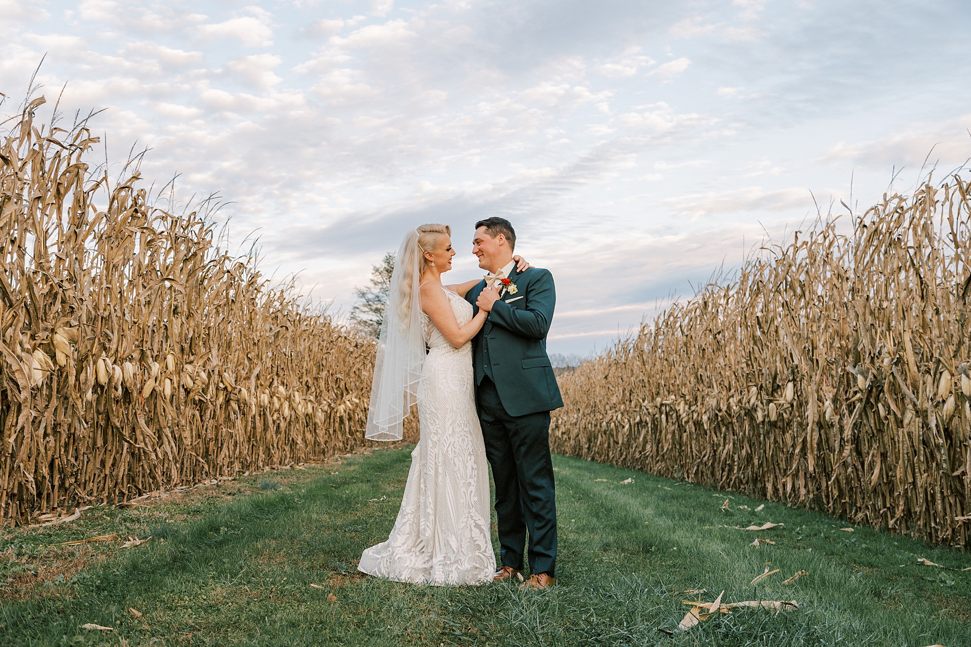 bride and groom hug between corn rows at Osbornia Farm