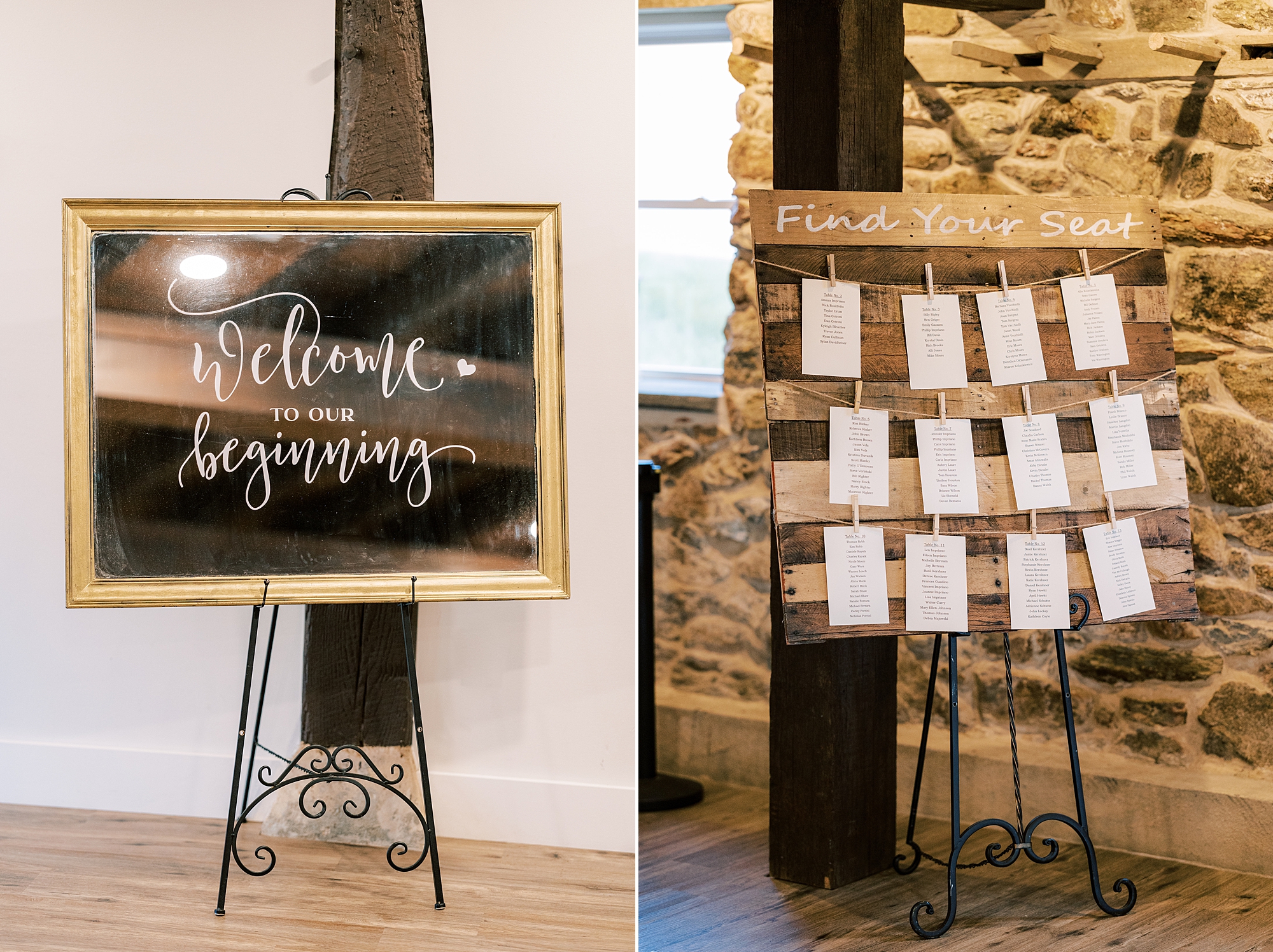 seating chart and welcome sign for wedding at Osbornia Farm