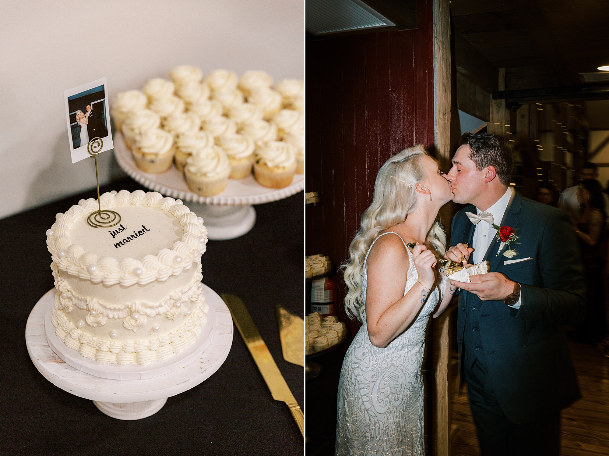 bride and groom kiss during cake cutting at fall reception 