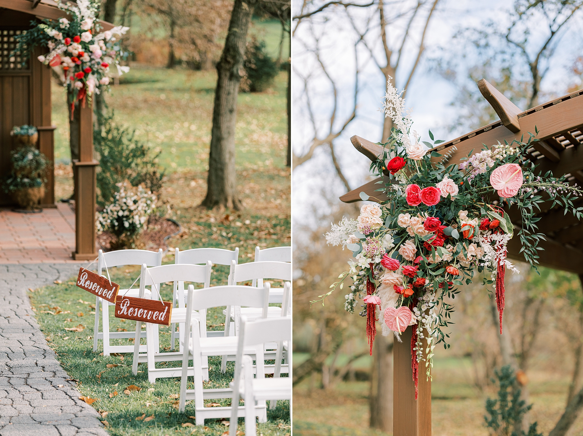 wedding ceremony on lawn at Osbornia Farm with pink and white flowers 