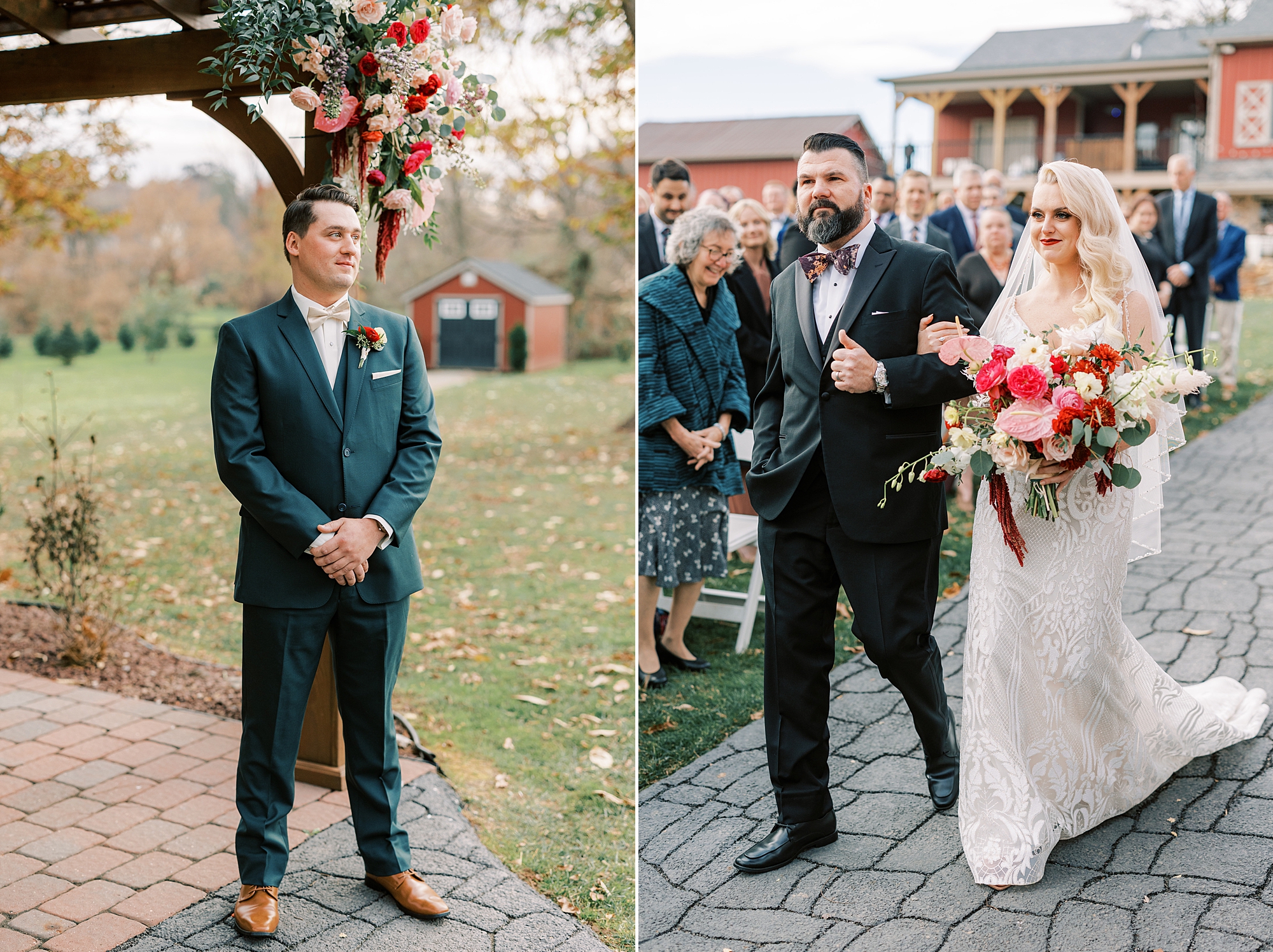 bride and brother walk down aisle to groom at Osbornia Farm