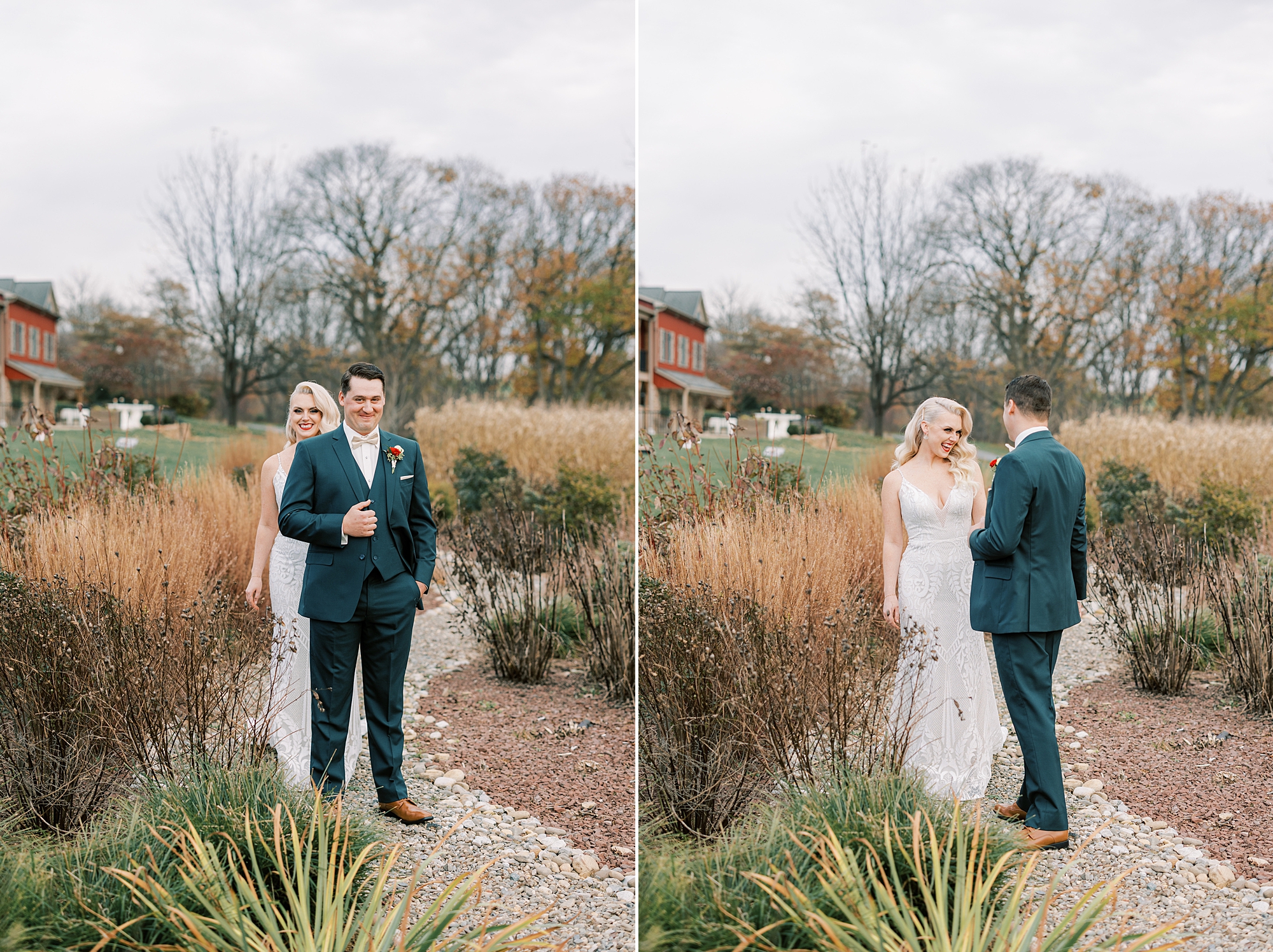 bride hugs groom from behind during first look on fall wedding day