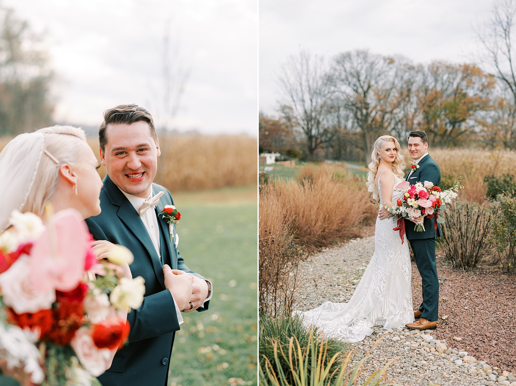 bride hugs groom looking up at him over shoulder for fall wedding 