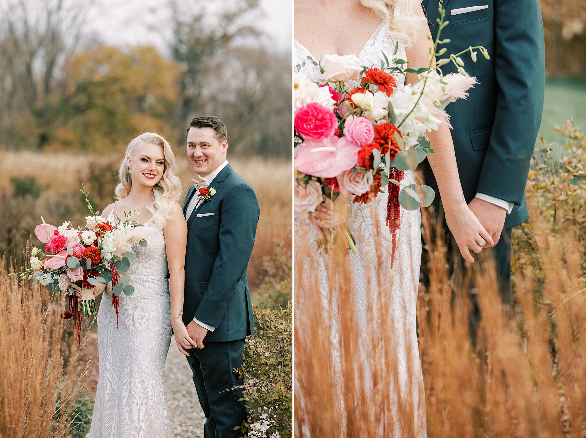 bride holds groom and bride holds bouquet with pink and white flowers 