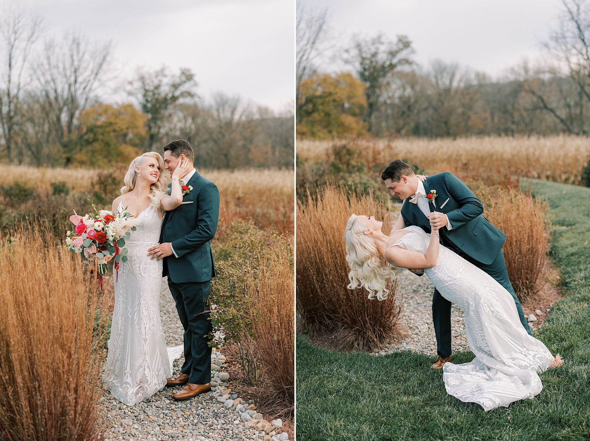 groom dips bride during fall wedding photos at Osbornia Farm