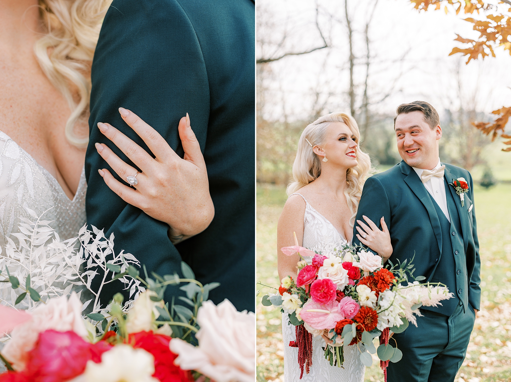 bride holds groom's arm in navy suit with pink and white floral bouquet 