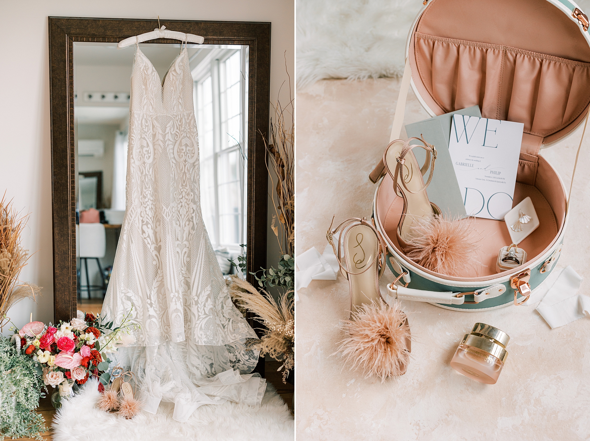 bride's dress hangs on window next to bride's shoes with feathers 