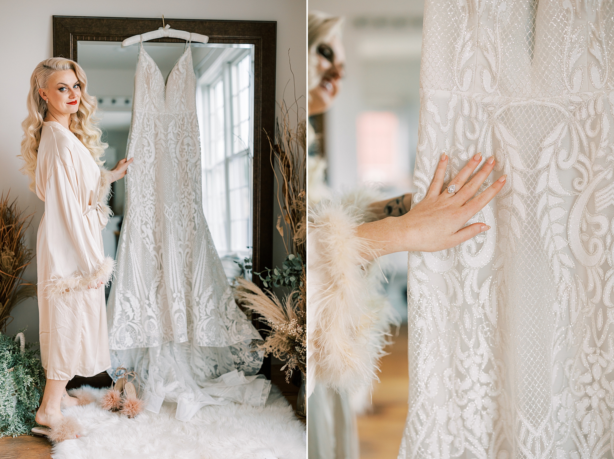 bride touches skirt of wedding dress hanging on mirror 