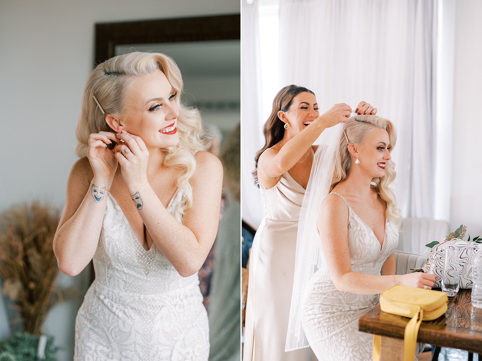 bride adjusts earrings and veil before Osbornia Farm wedding