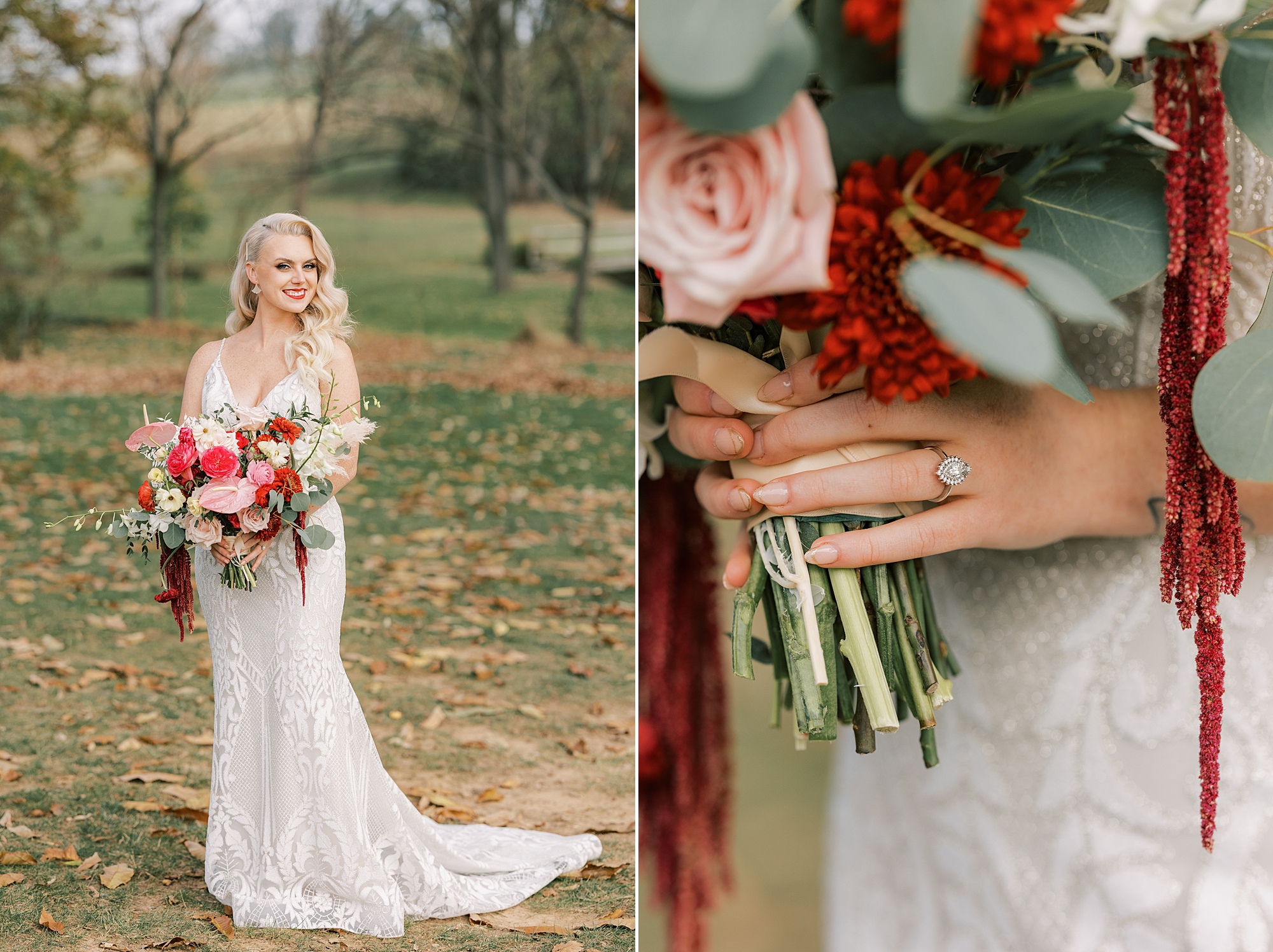 bride holds bouquet of pink and red flowers for fall wedding