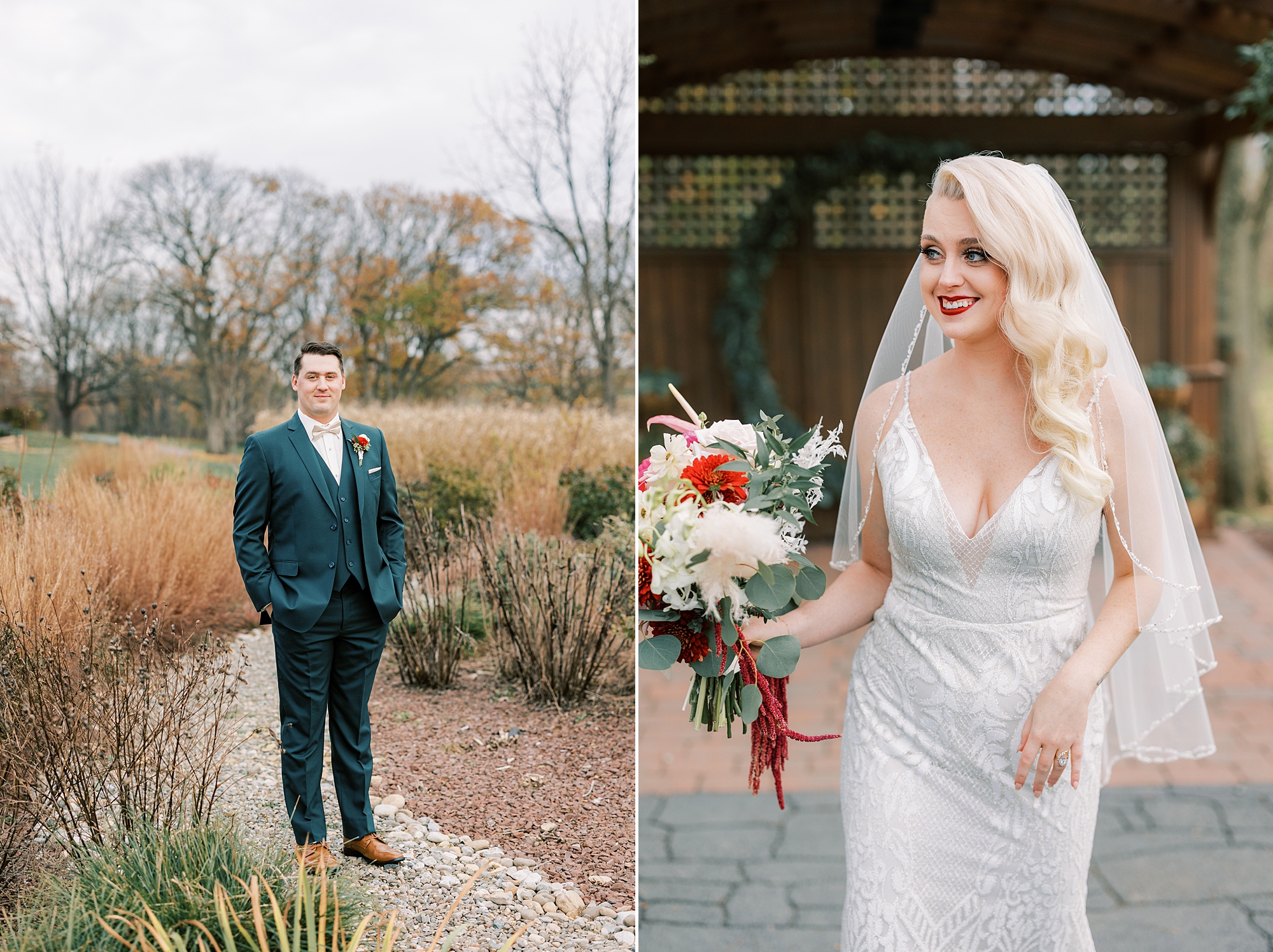 bride holds bouquet of pink and red flowers 