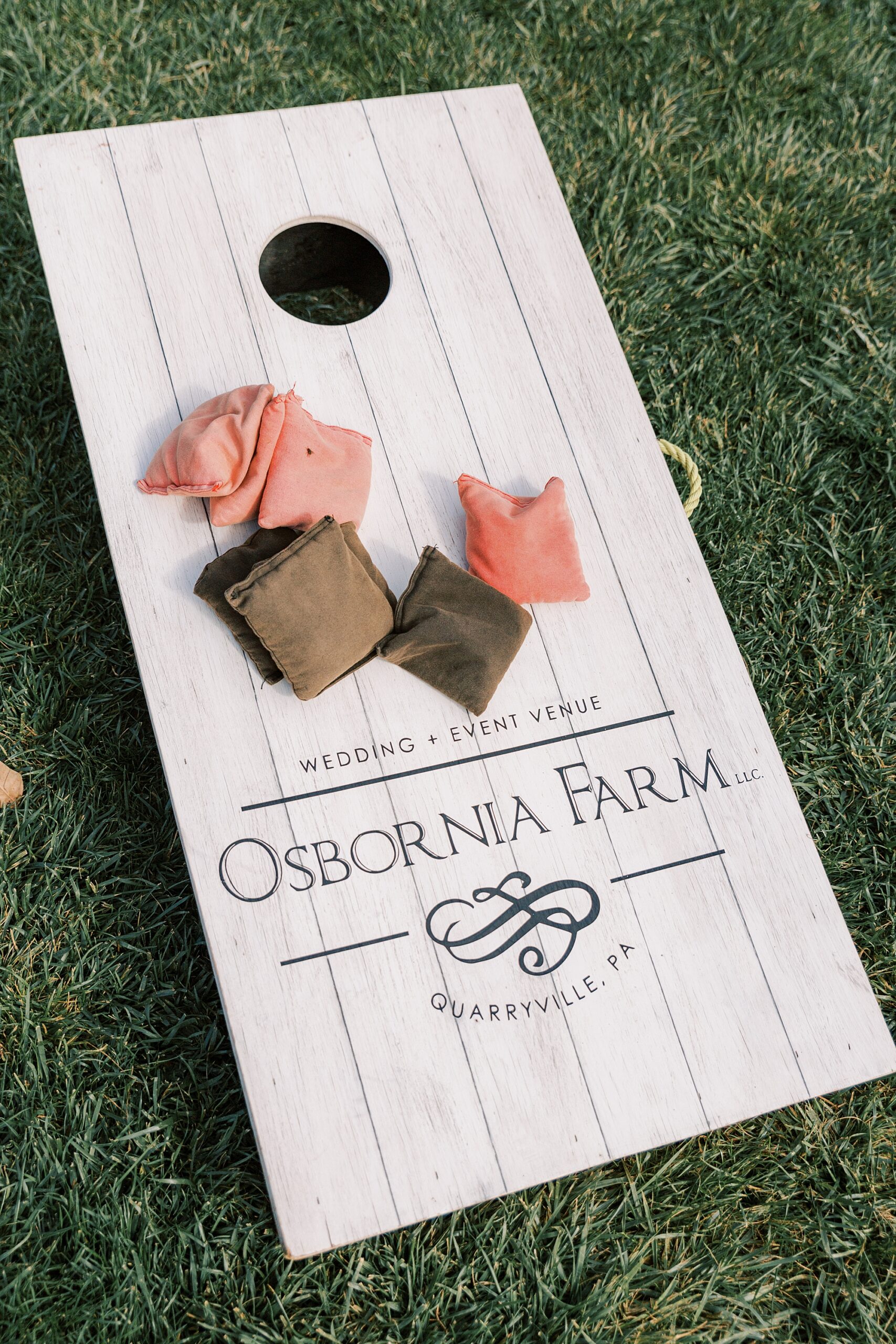 custom cornhole board for fall wedding reception at Osbornia Farm