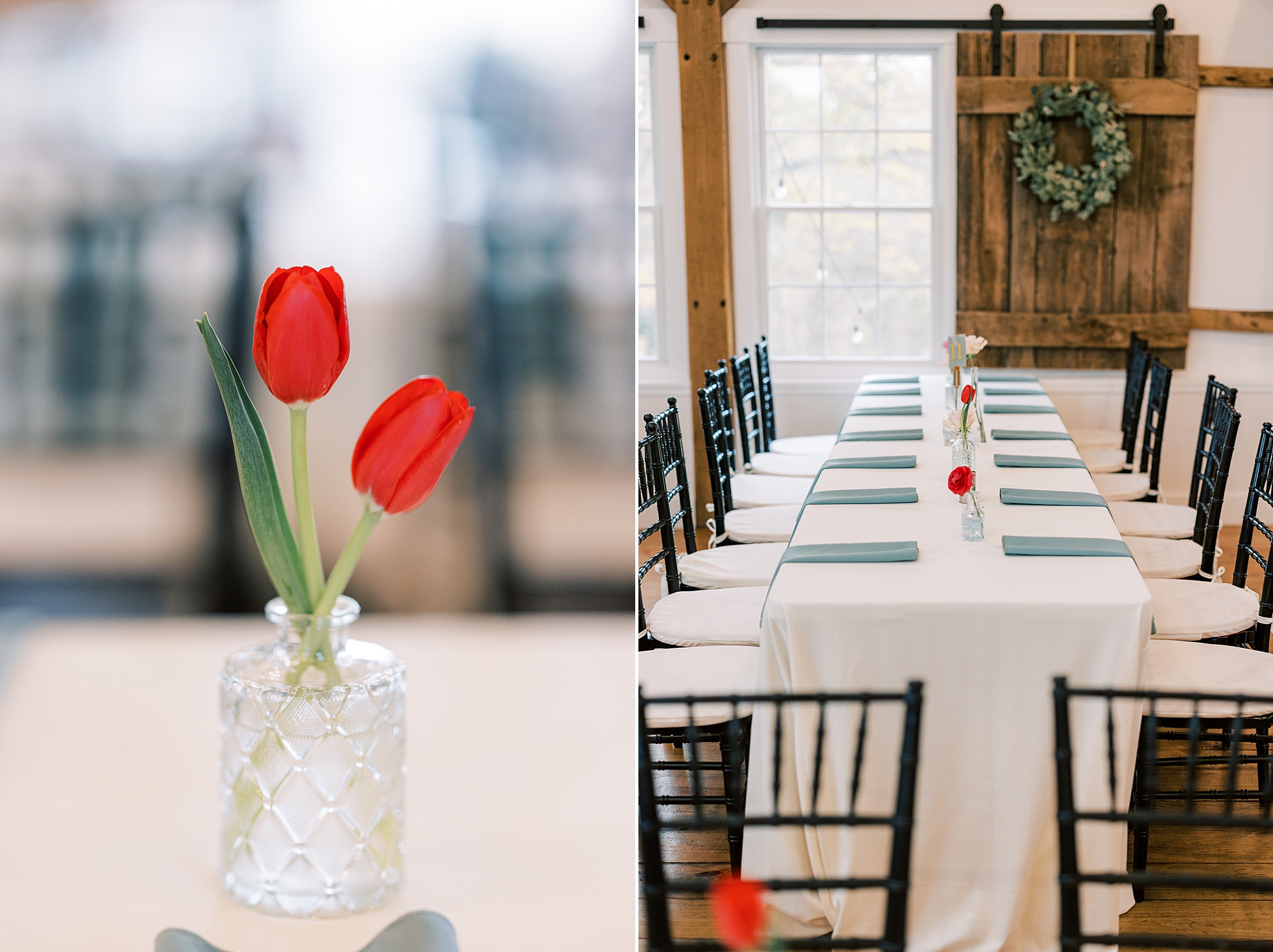 two red tulips rest in water on table for wedding reception 