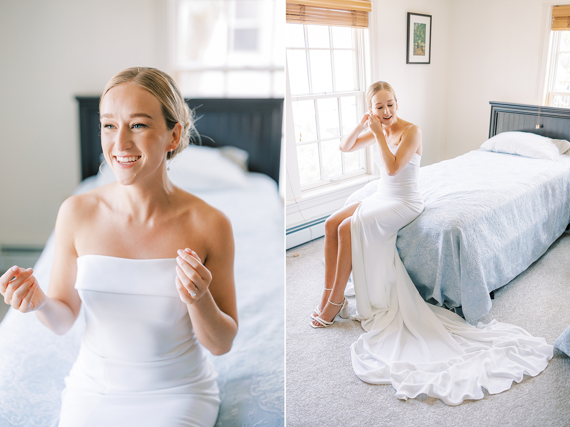 bride puts on earrings sitting on bed during prep for Willow Creek Winery wedding
