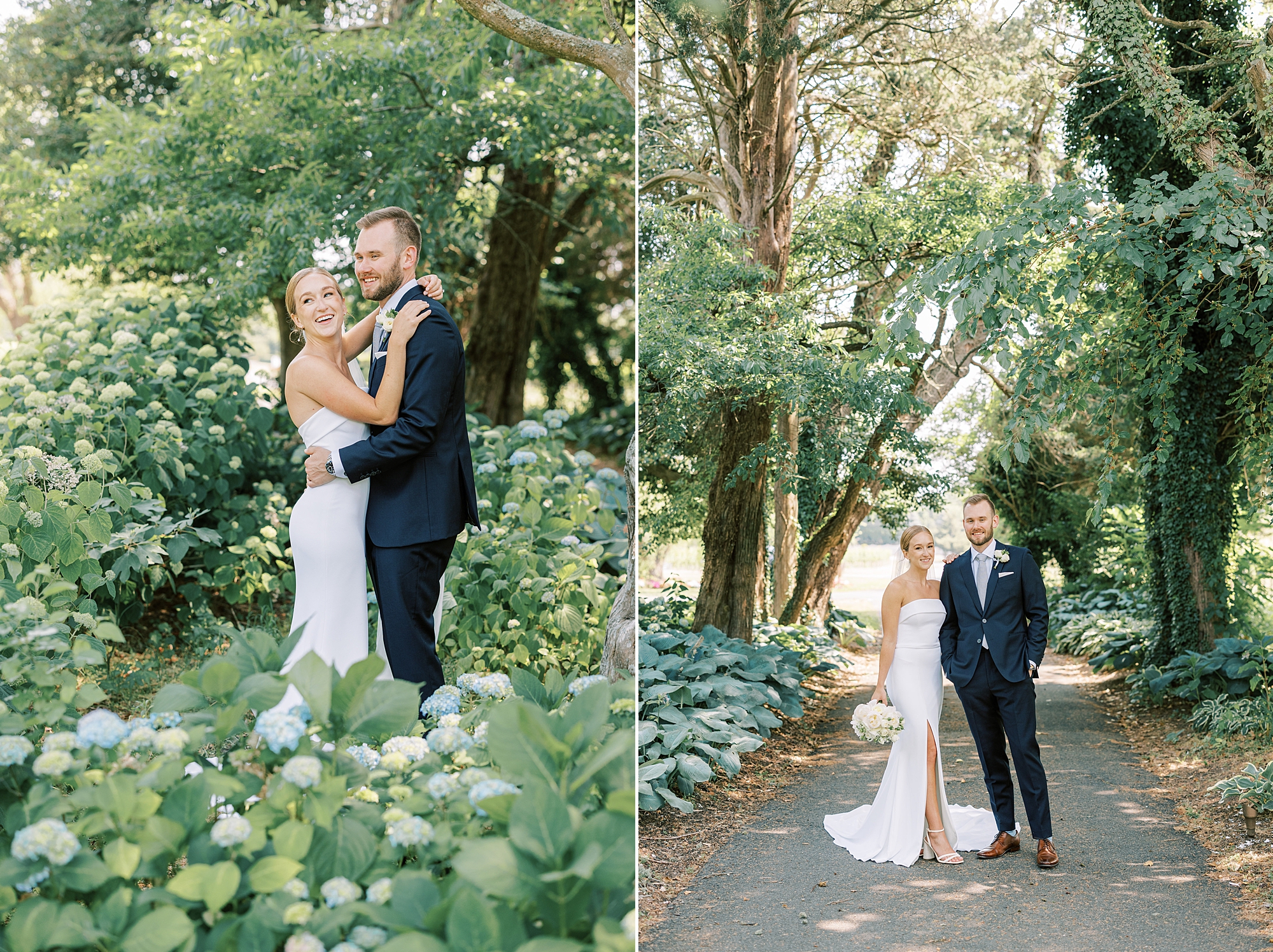 newlyweds hug and pose on walkway inside garden at Willow Creek Winery