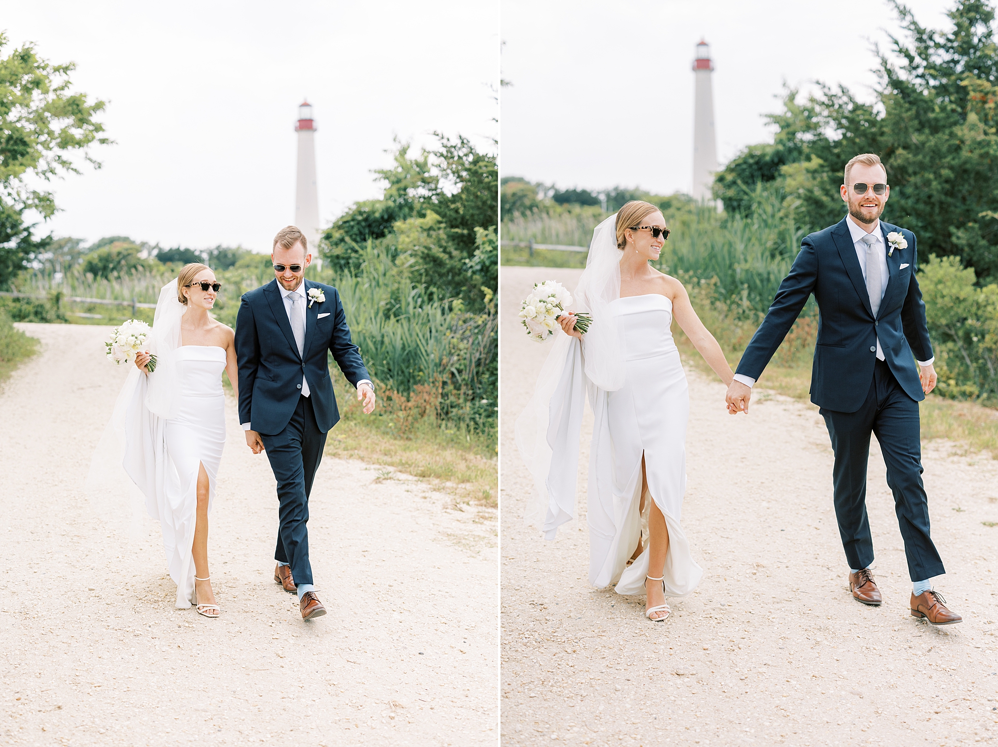 bride and groom hold hands wearing sunglasses walking on Cape May beach