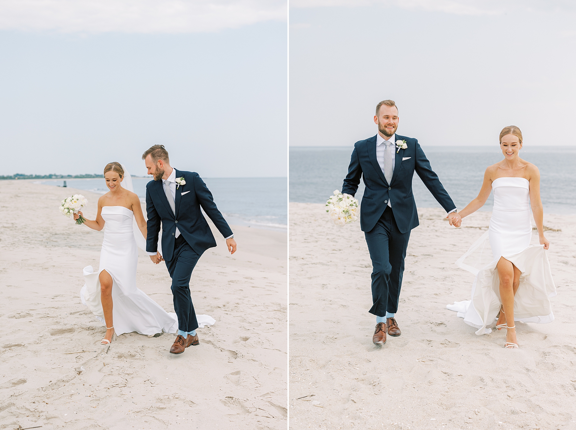 bride and groom hold hands walking on beach in Cape May NJ