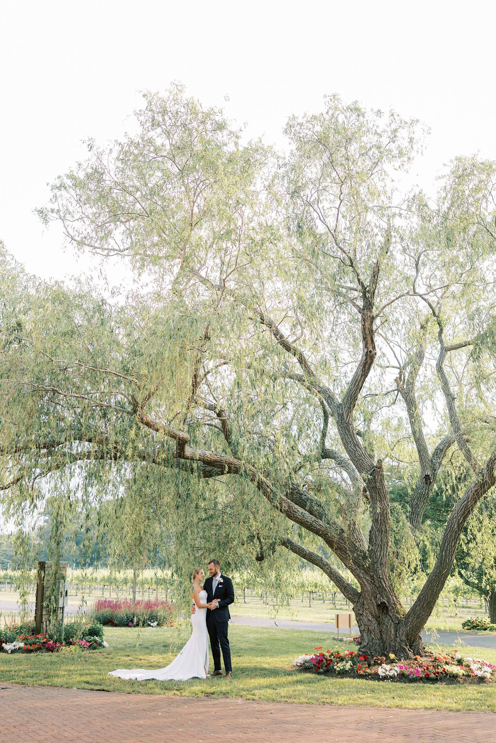 bride and groom hug under willow tree at Willow Creek Winery