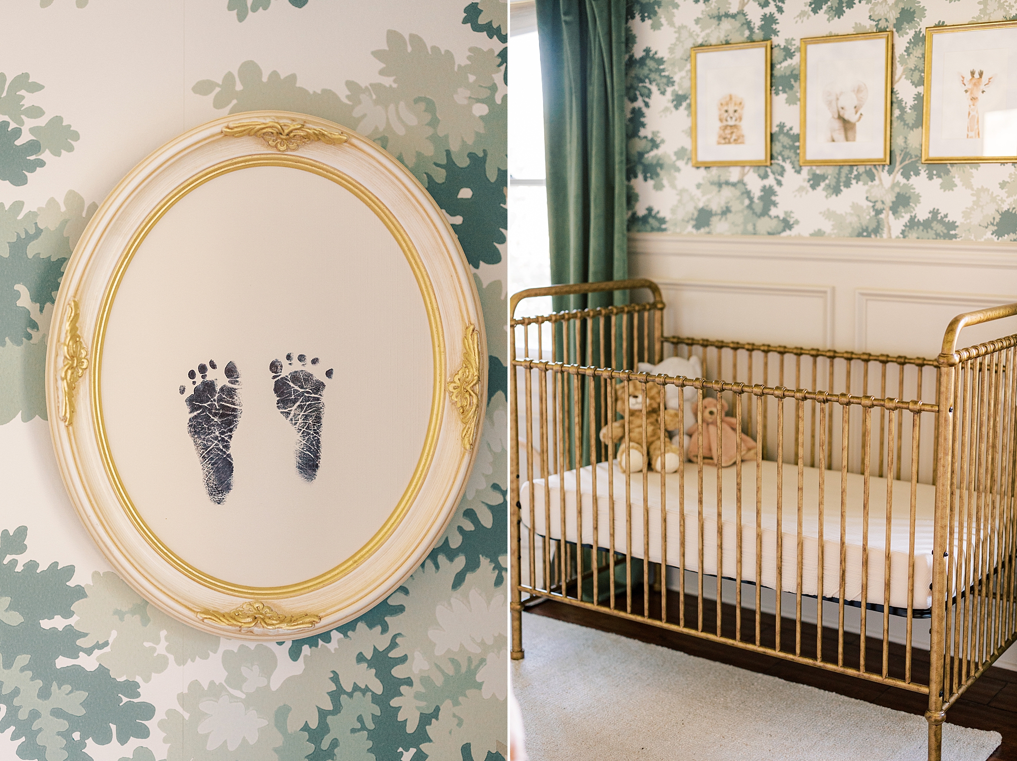 baby's gold crib with footprints in gold frame on wall with green wallpaper 