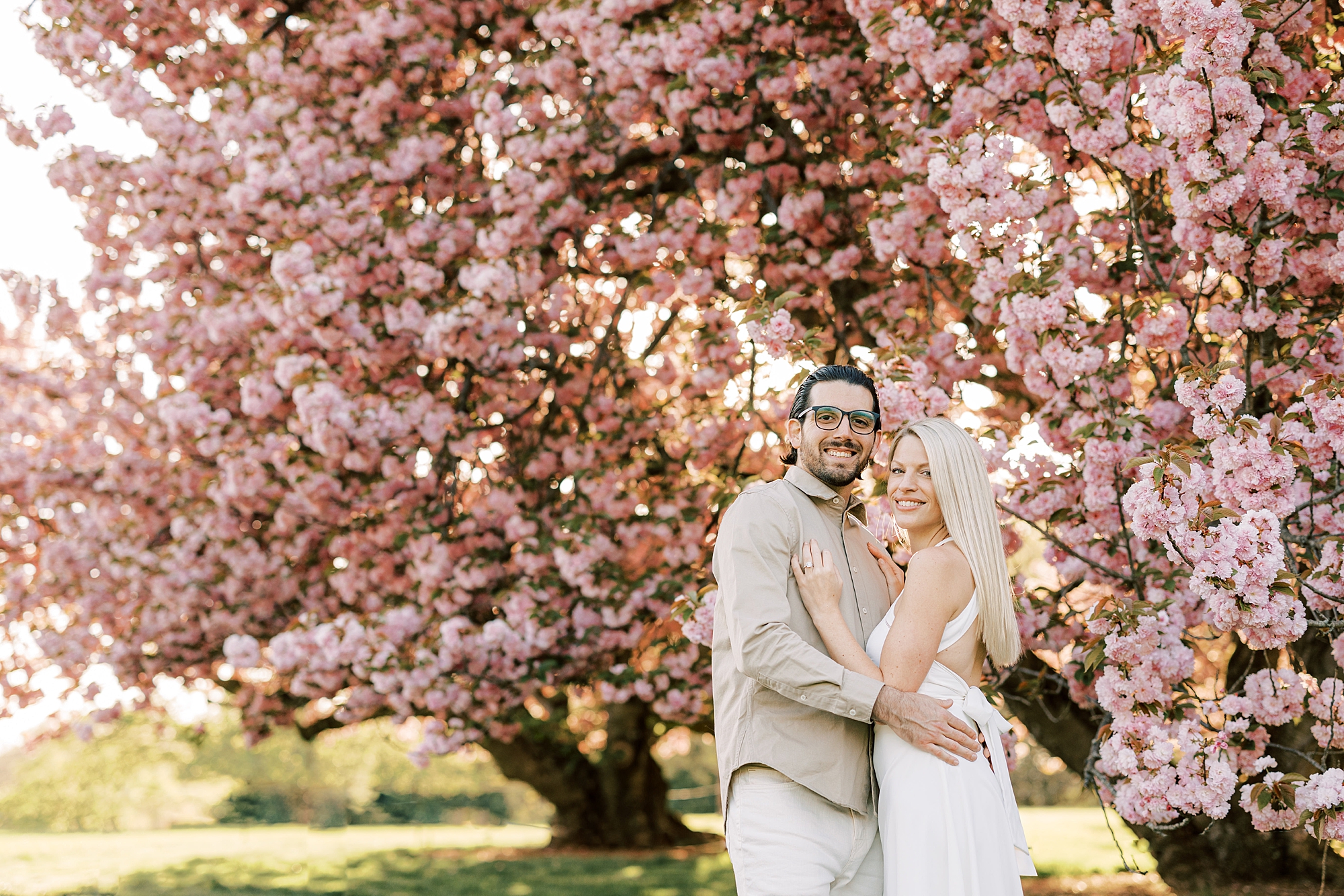 man and woman hug in front of cherry blossom trees at Longwood Gardens