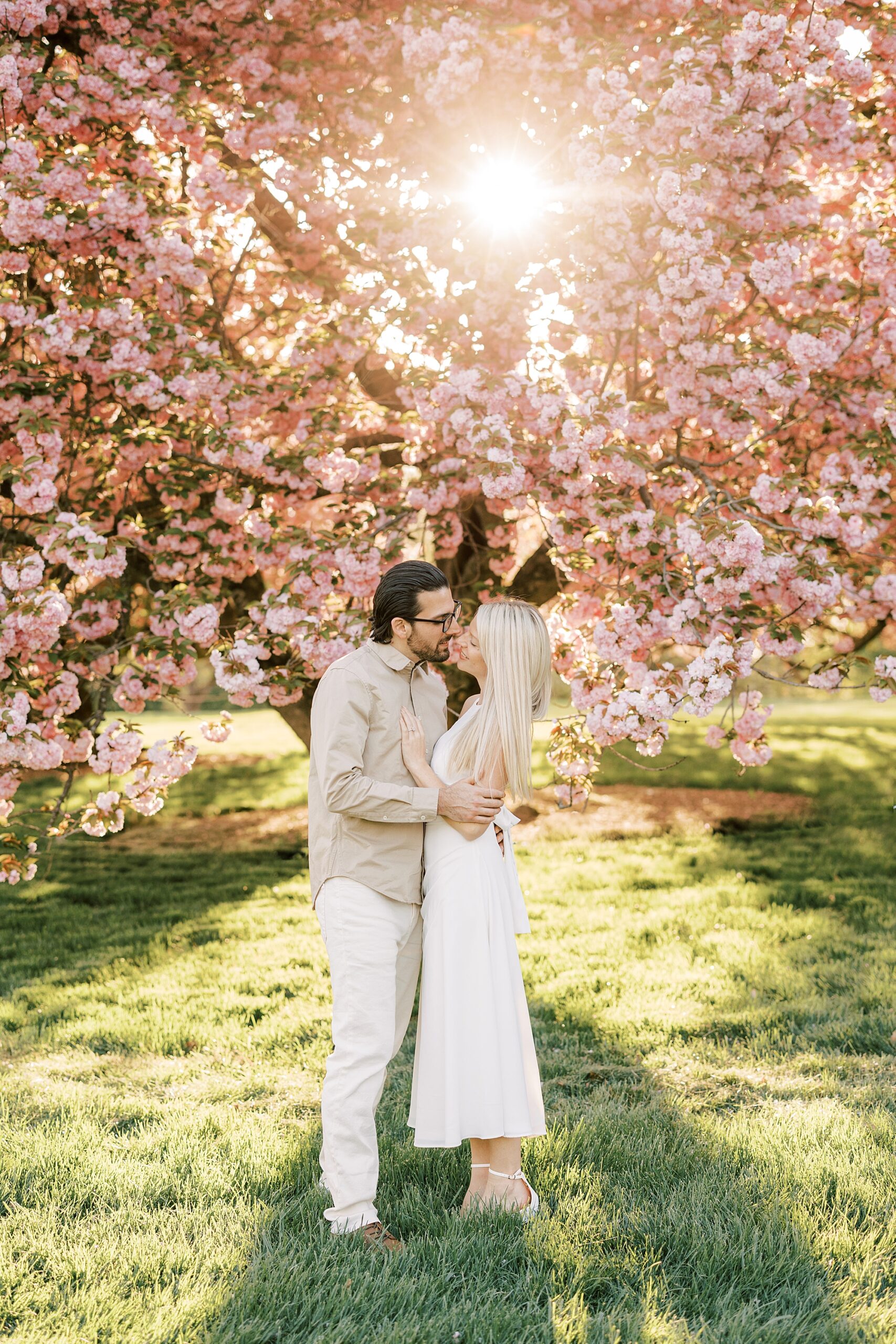 man and woman kiss during cherry blossom Longwood Gardens engagement session