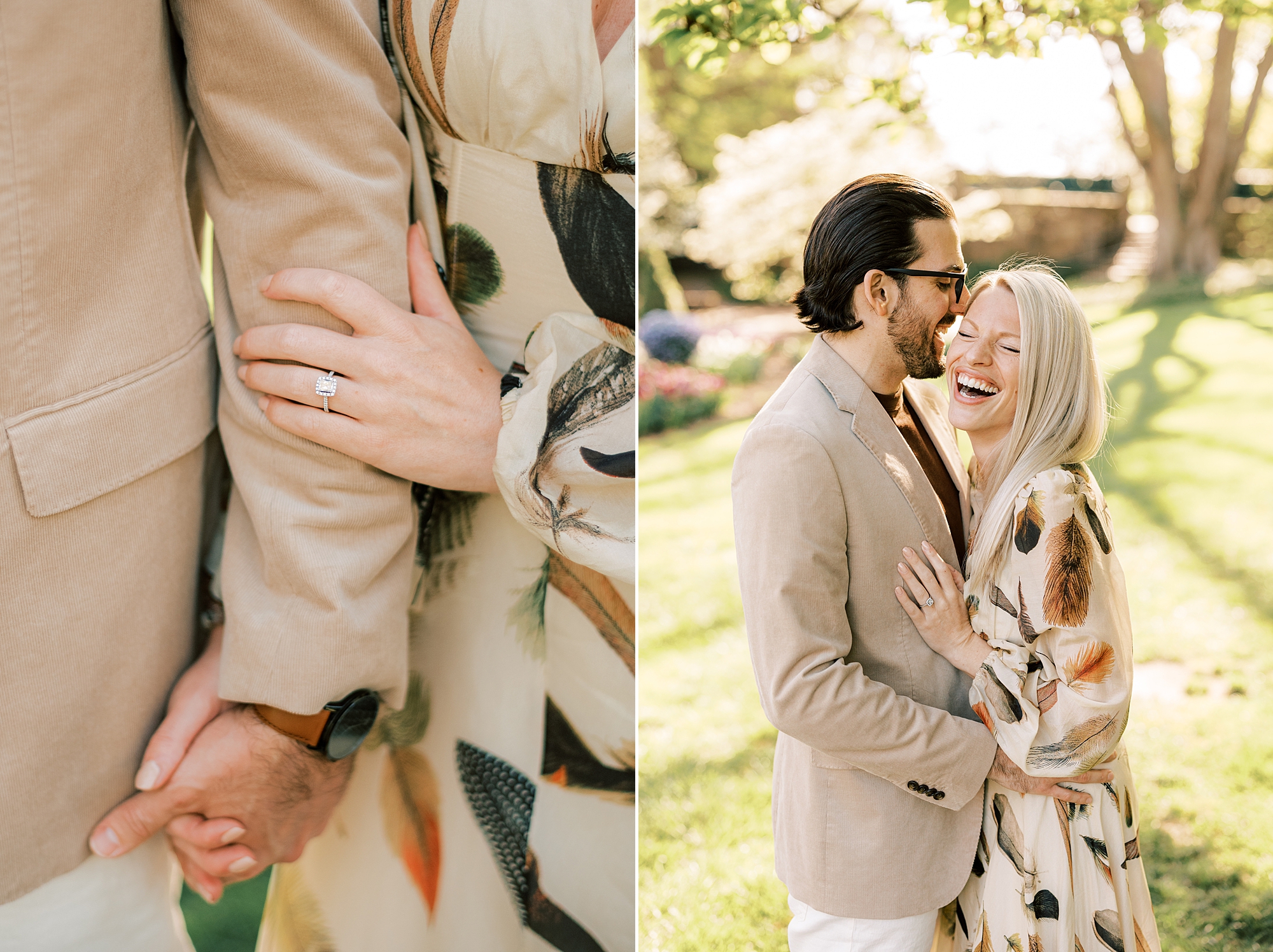 woman laughs grasping man's arm during spring engagement session at Longwood Gardens