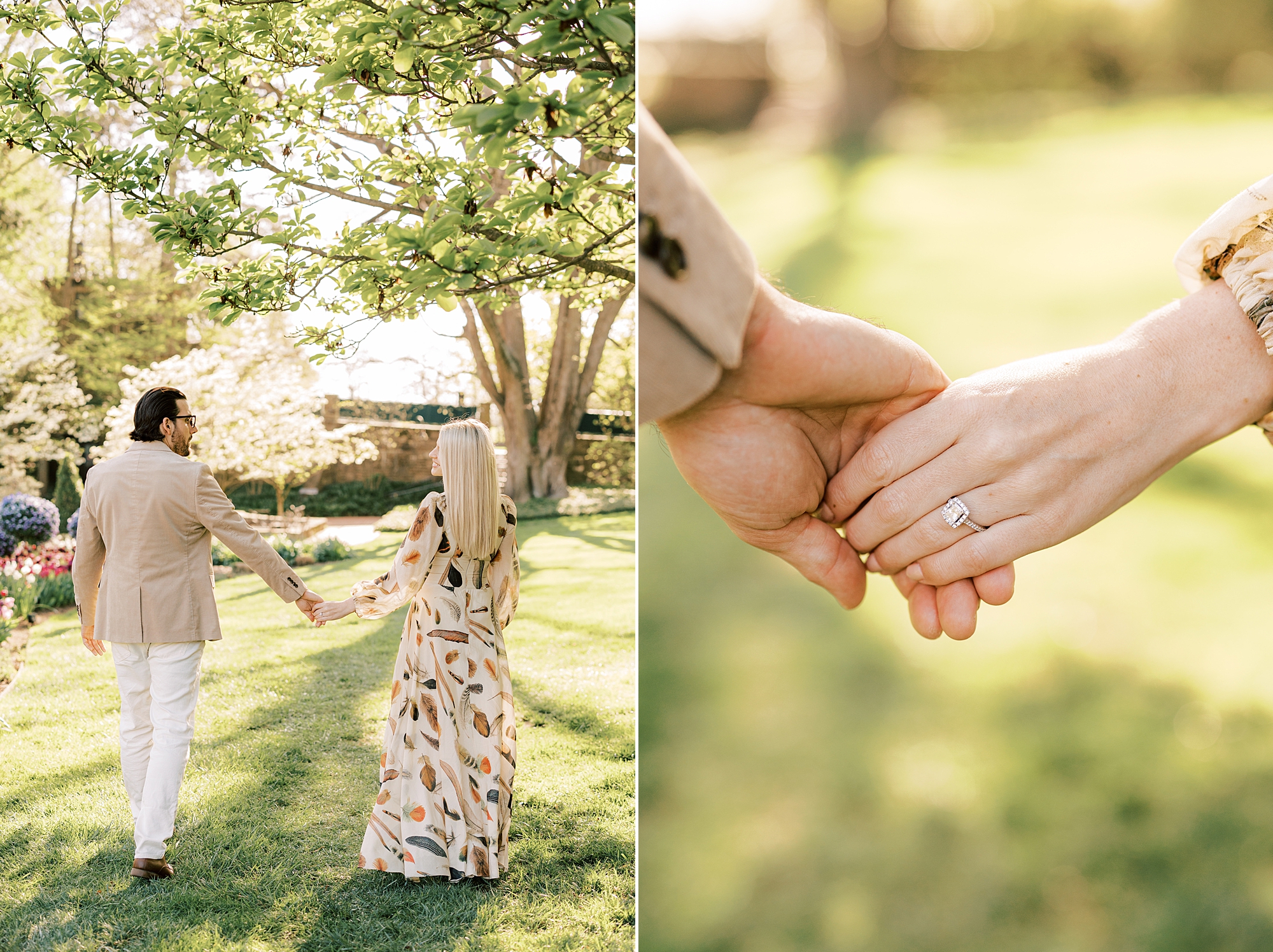 couple holds hands under spring trees during engagement photos in Longwood Gardens