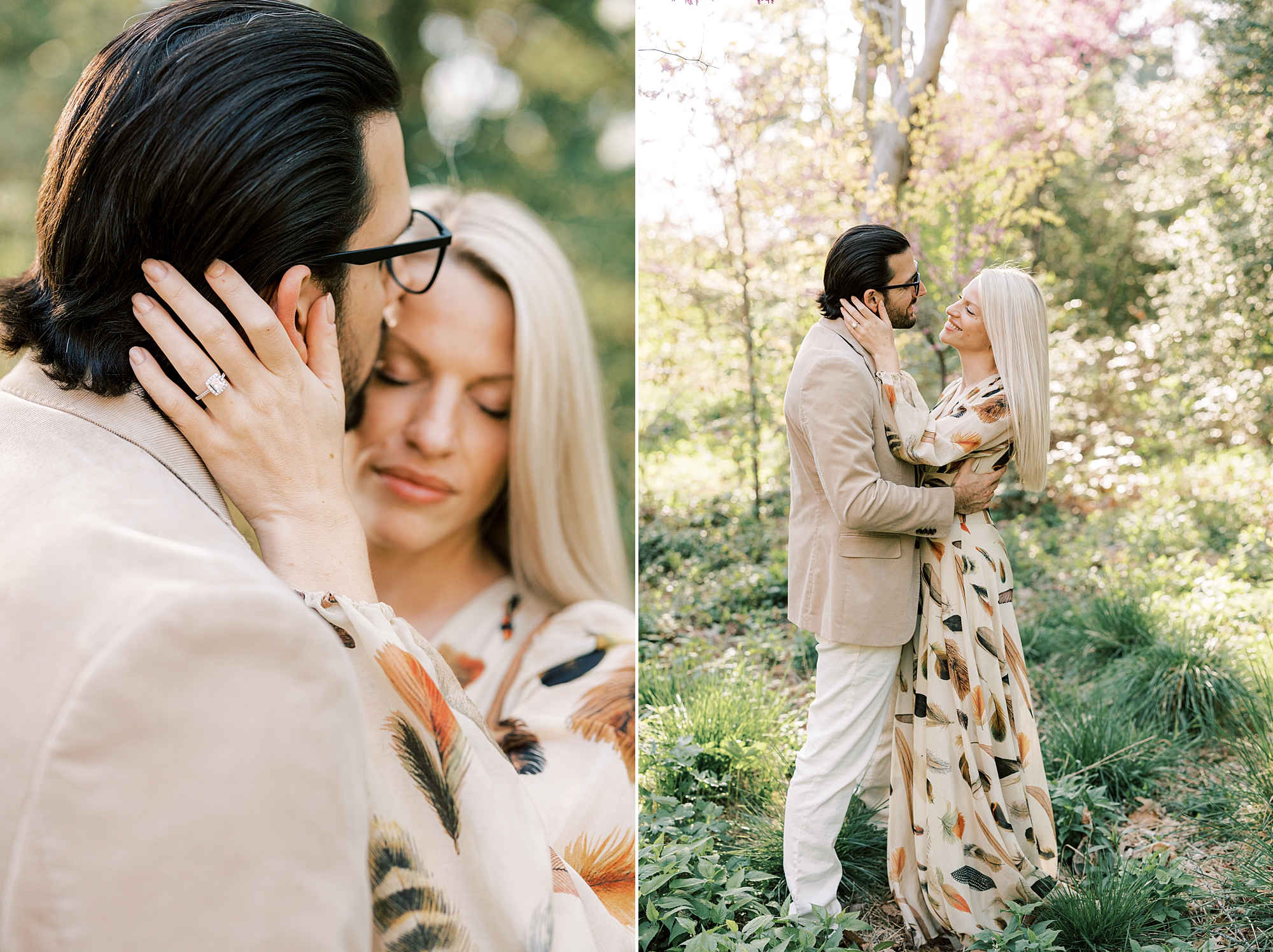 couple hugs leaning foreheads together during spring engagement session at Longwood Gardens