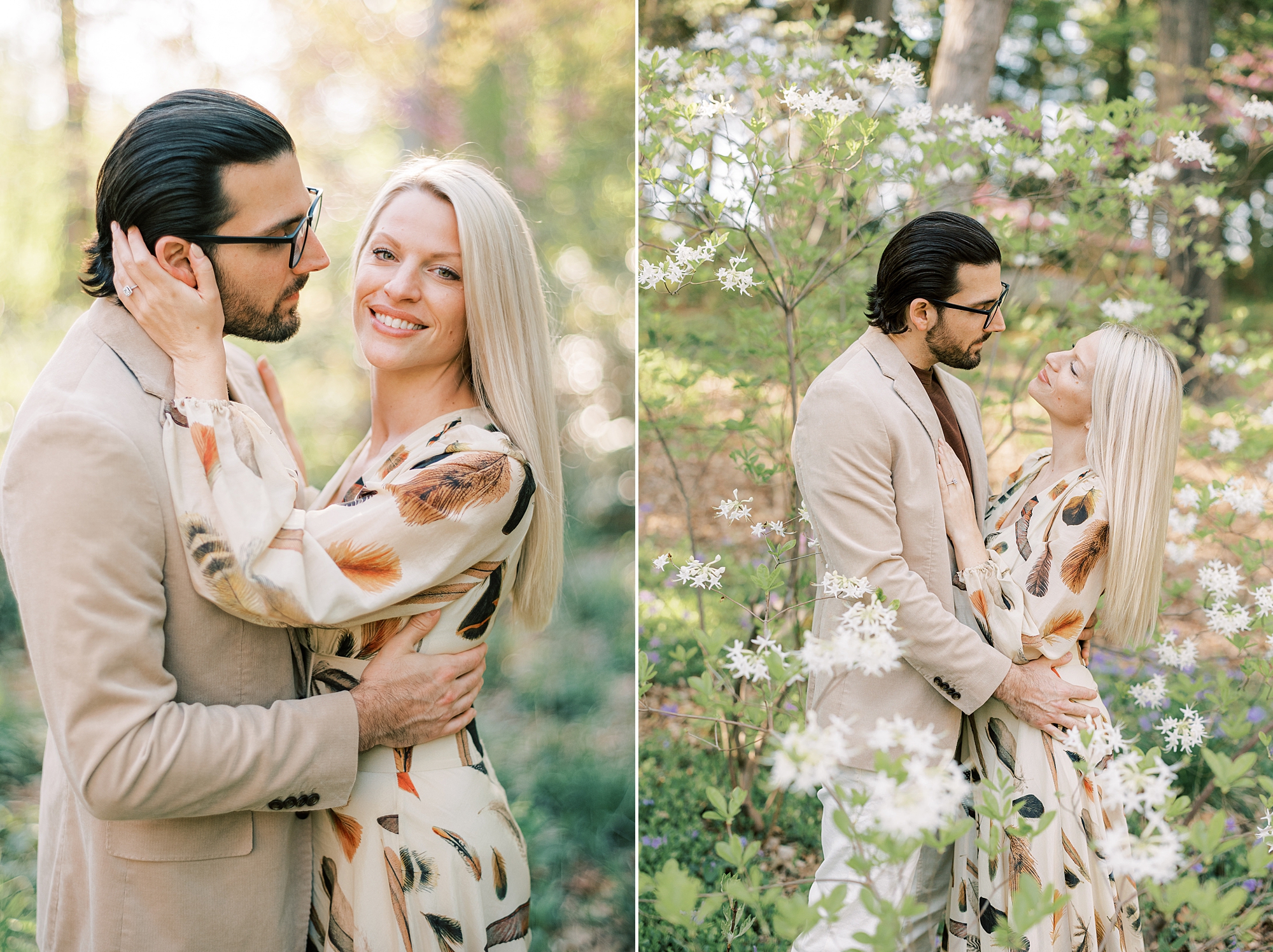 engaged couple hugs together in white flowers at Longwood Gardens 