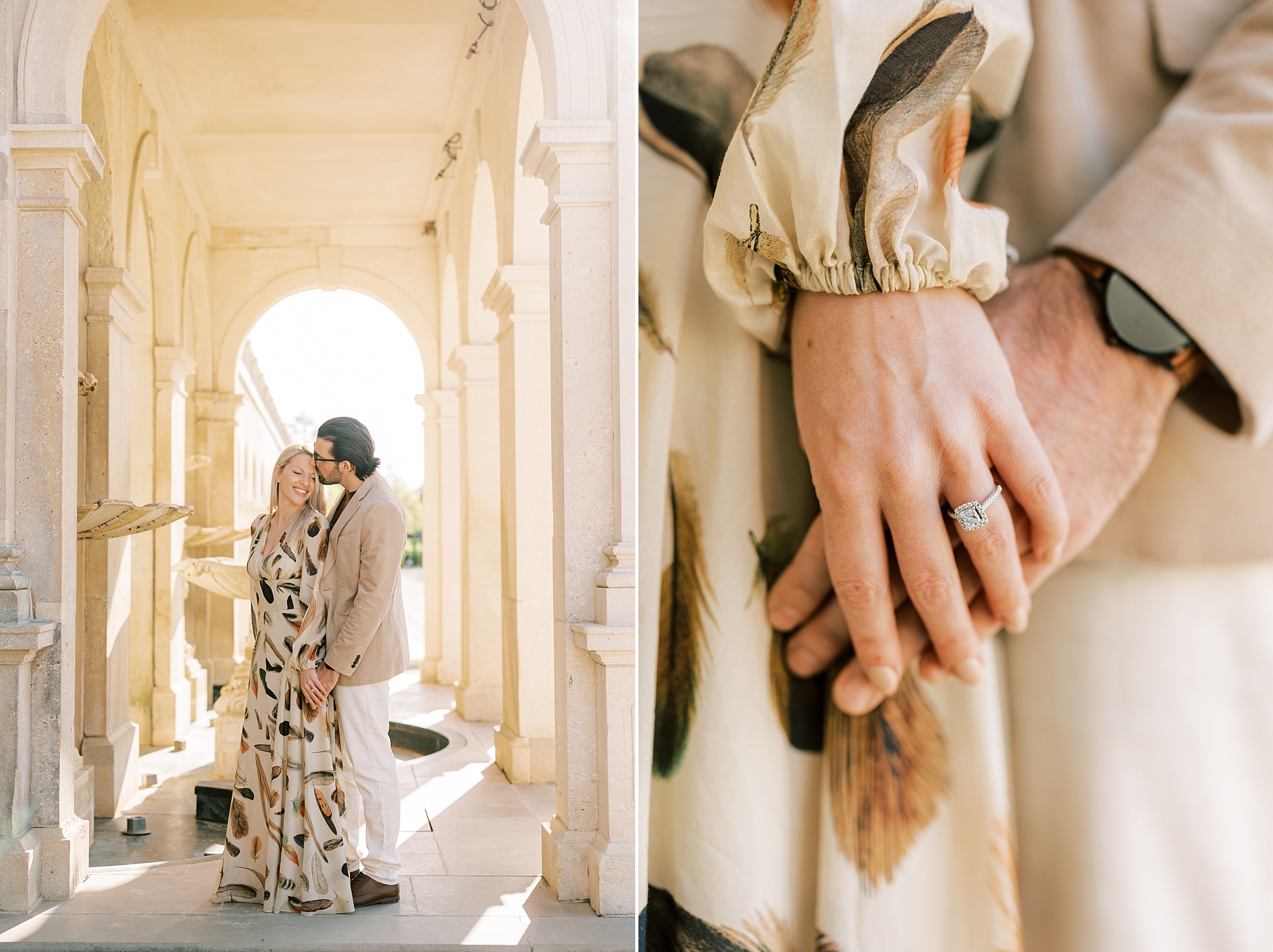 woman holds man's hand during spring engagement session at Longwood Gardens