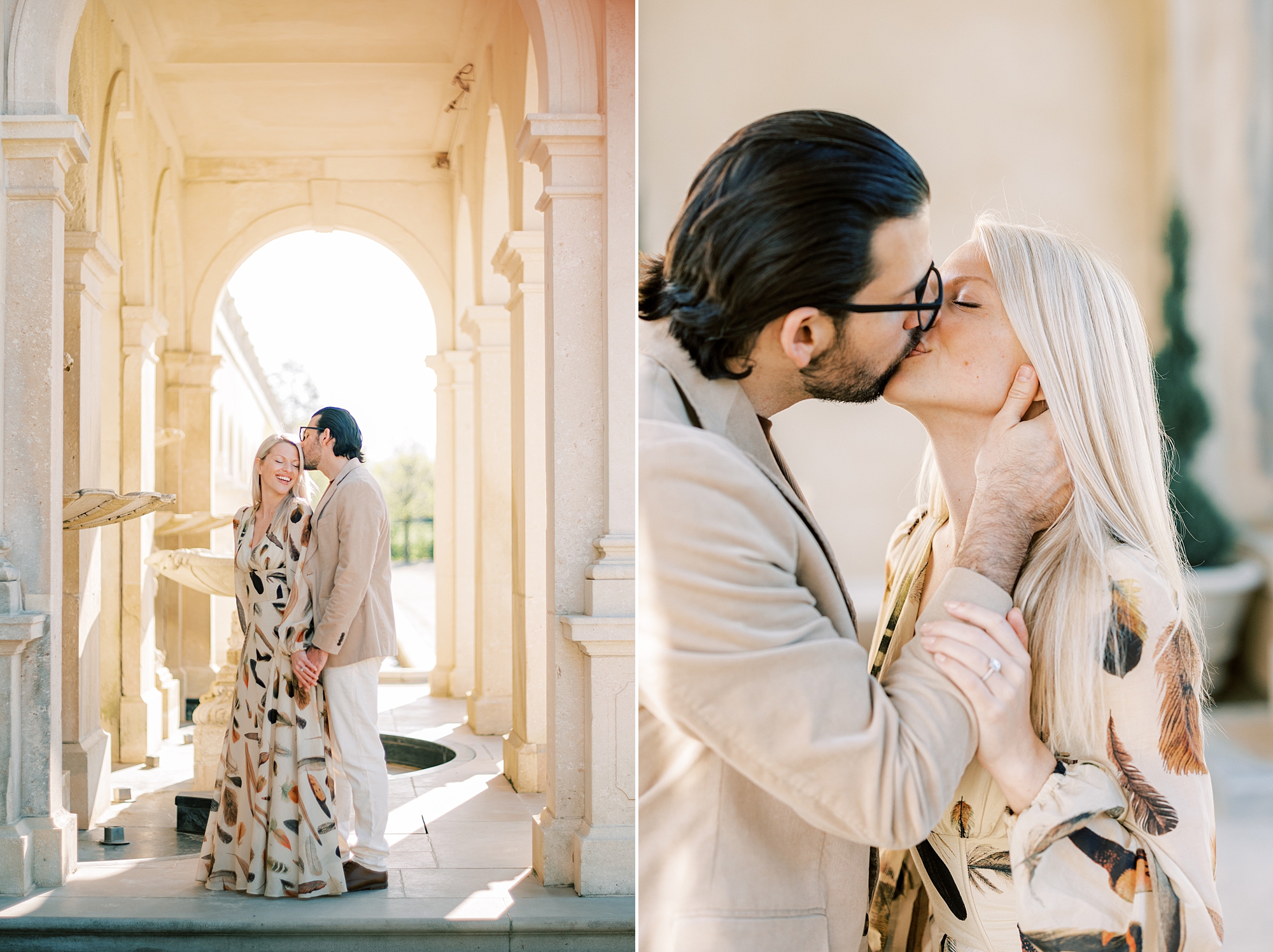 man leans to kiss woman under archway during engagement session at Longwood Gardens