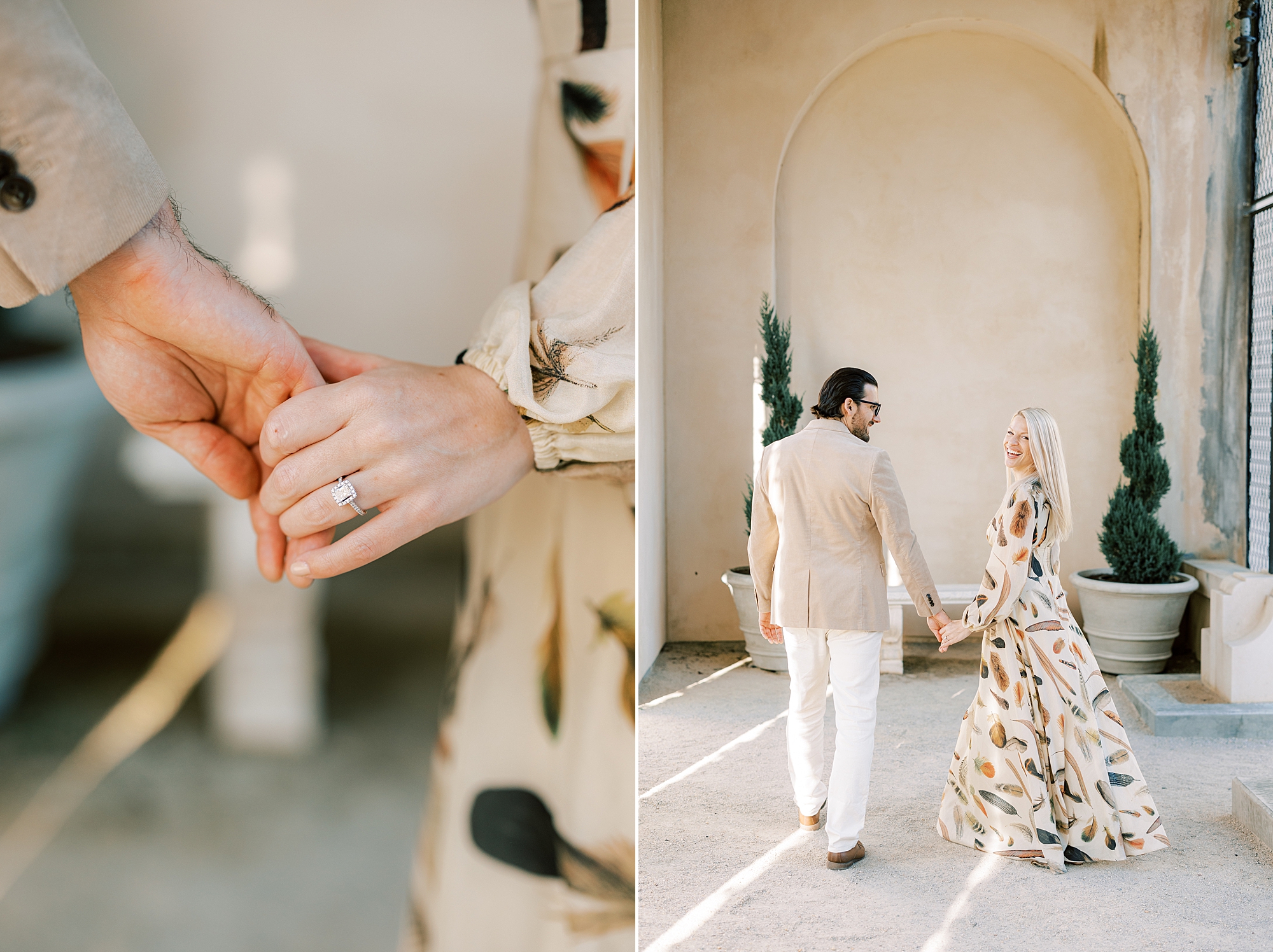engagement session at Longwood Gardens for couple in tan outfits 