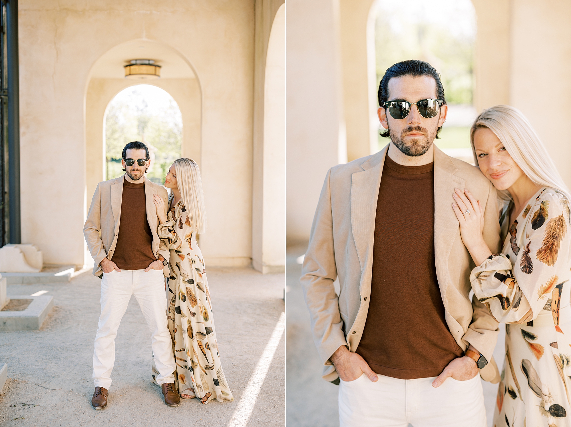 woman leans against man in tan suit wit sunglasses during spring engagement session at Longwood Gardens